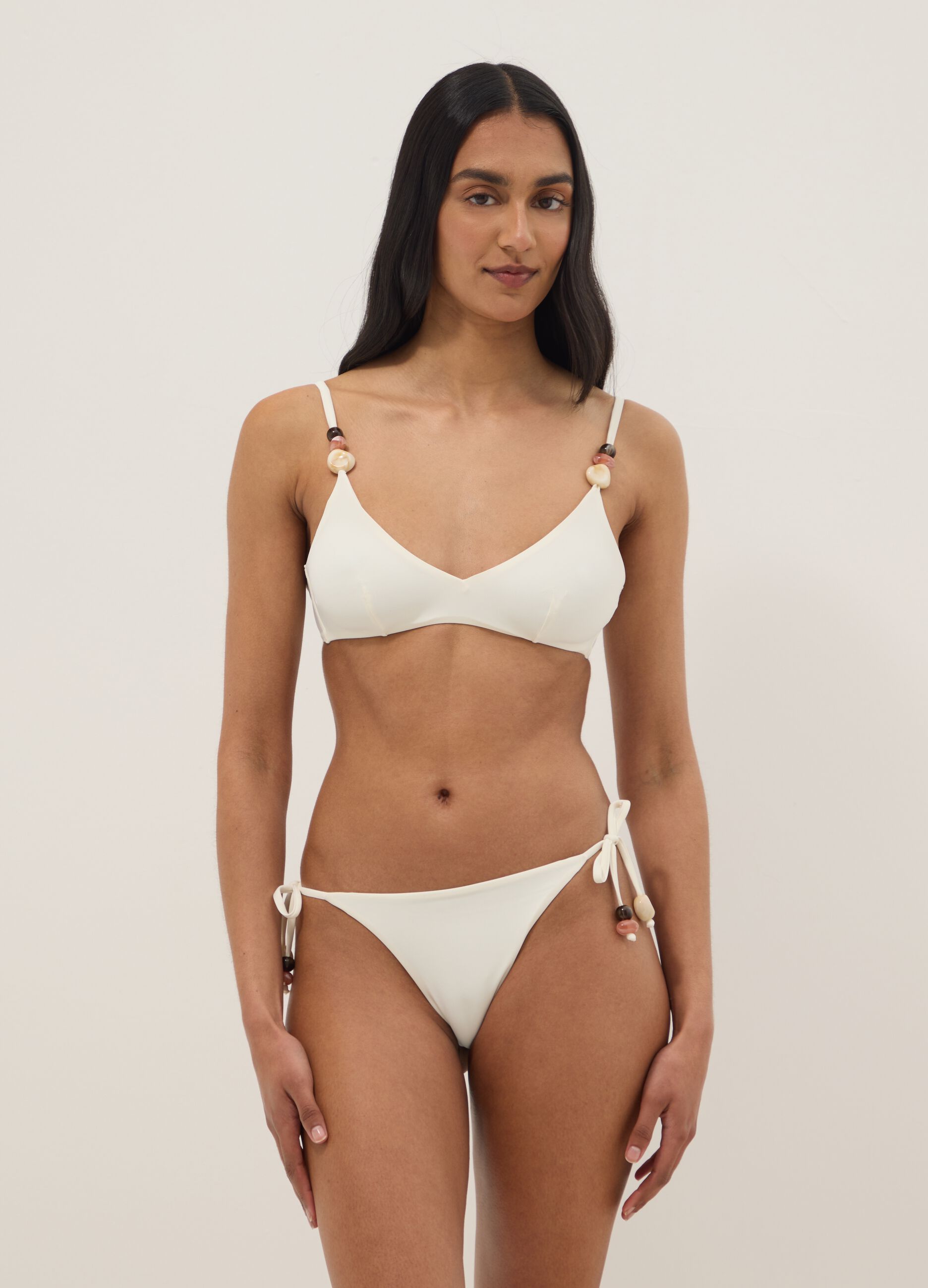White stretch-fabric bikini top with embellished straps
