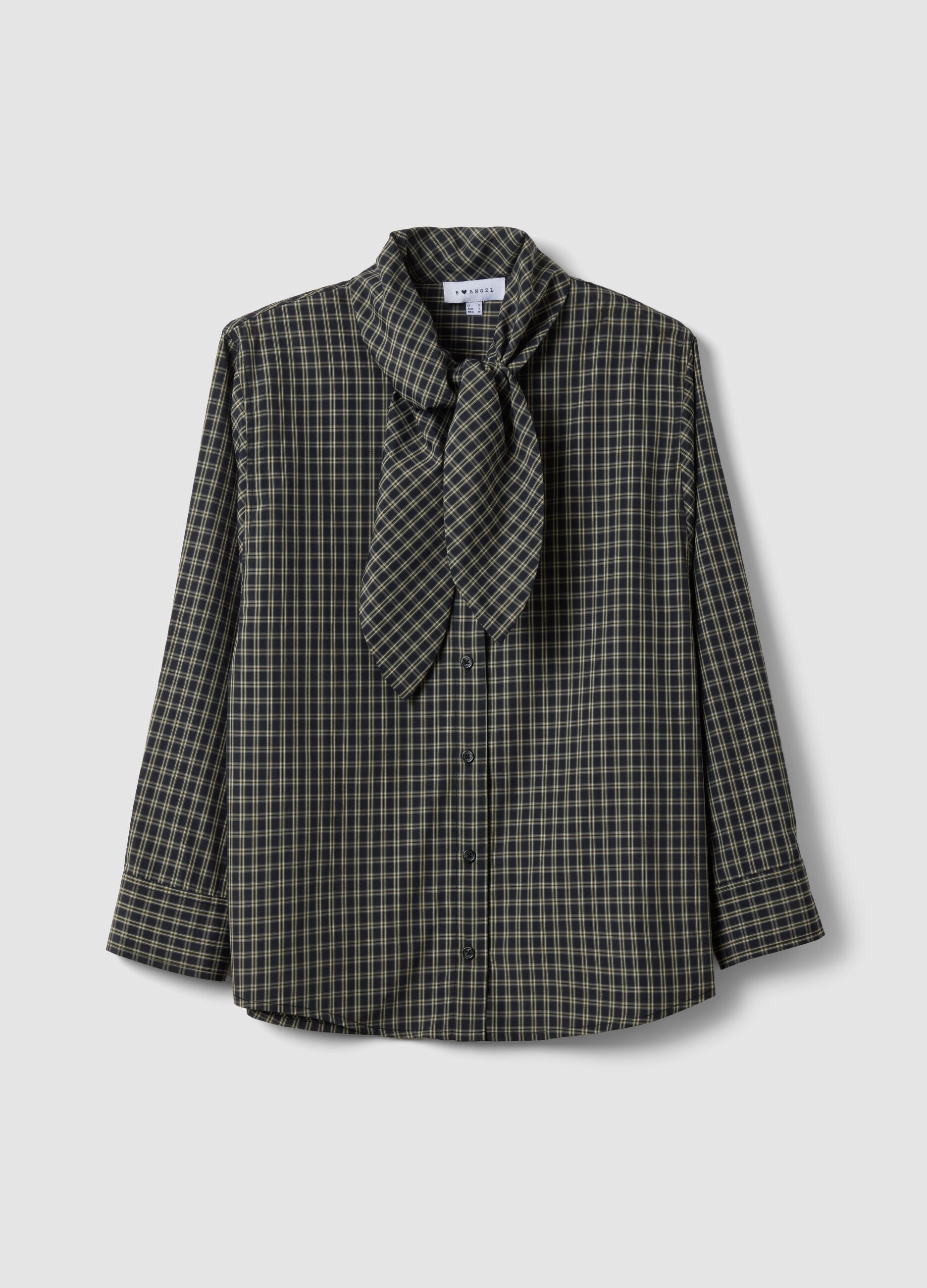 Black oversized cotton-blend checked shirt with bow