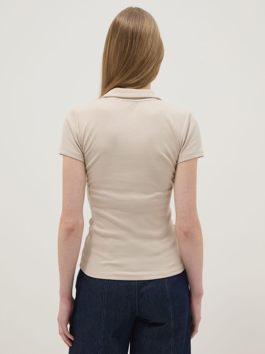 Beige Stretch Cotton Polo Regular Fit Deep V_3