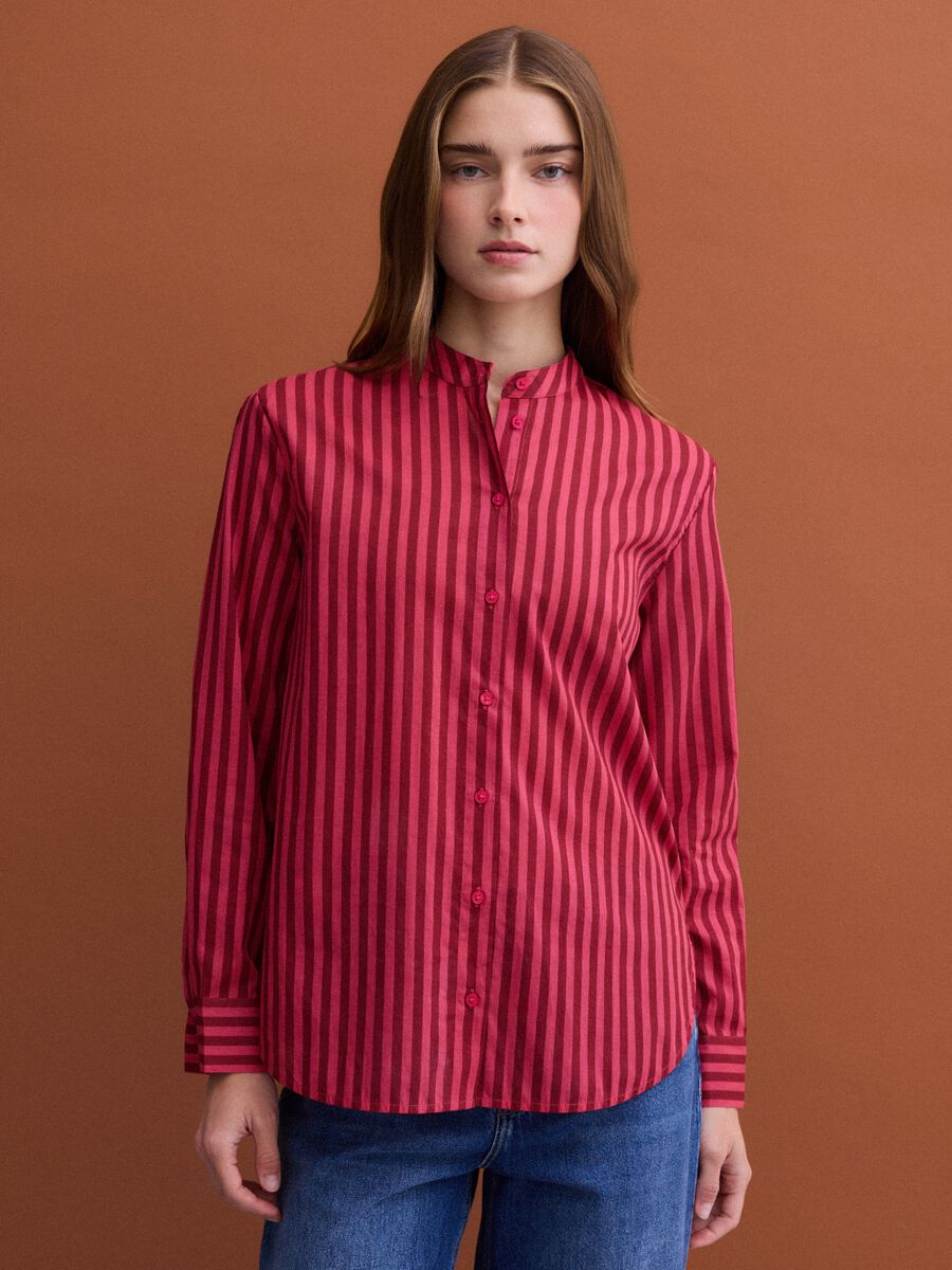 Red striped pure cotton shirt with band collar, regular fit_1