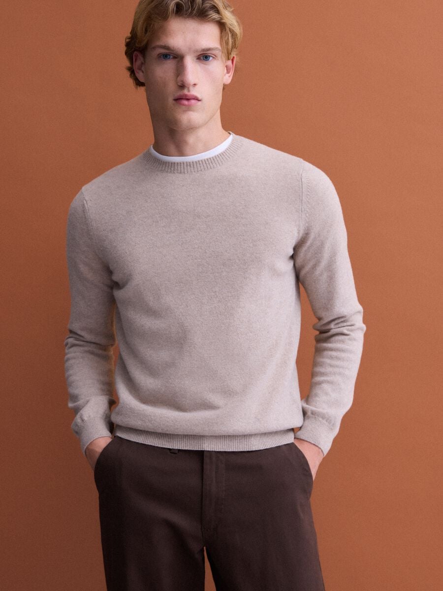 Beige pure wool crew-neck jumper, regular fit_1