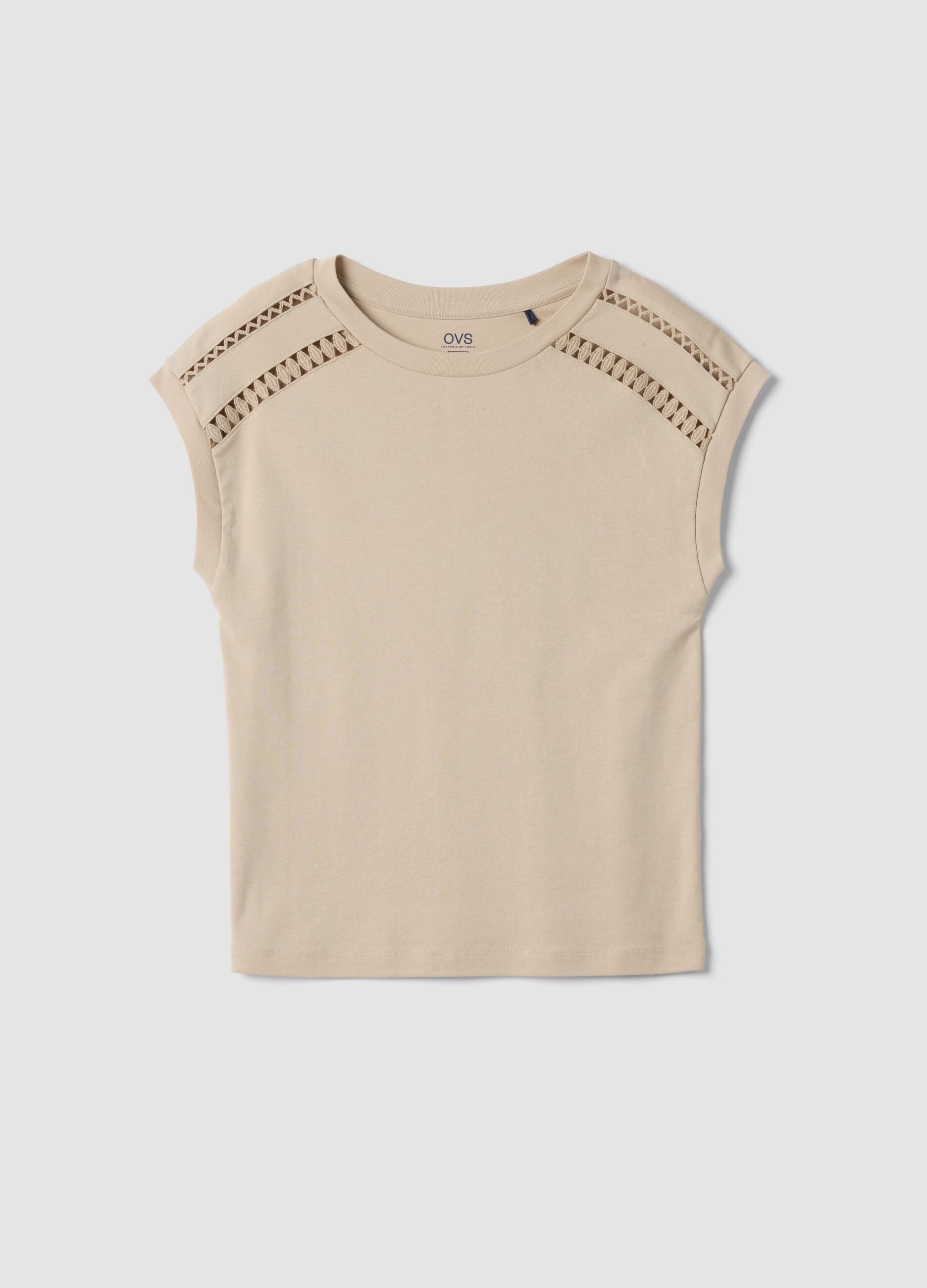 Beige pure cotton T-shirt with openwork inserts