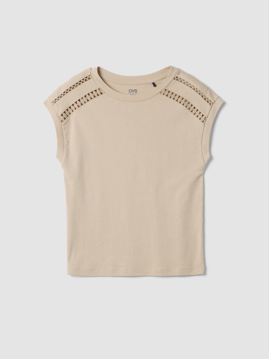 Beige pure cotton T-shirt with openwork inserts_4