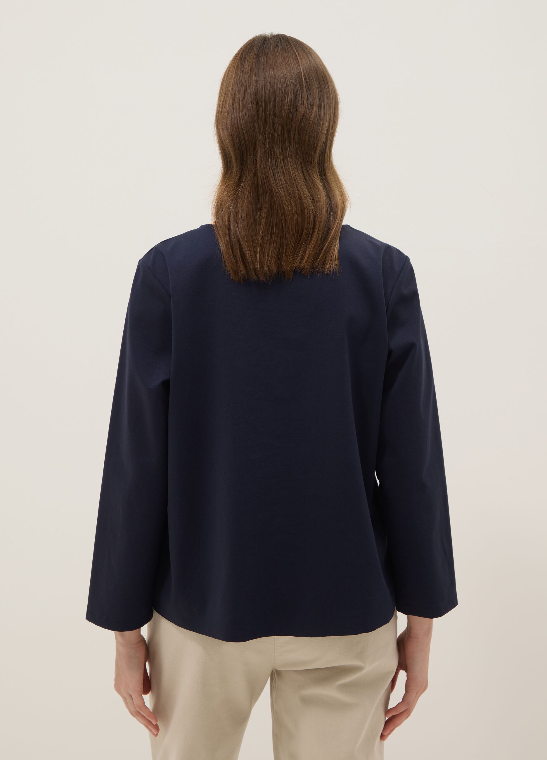 Blue long-sleeved regular-fit stretch cotton blouse