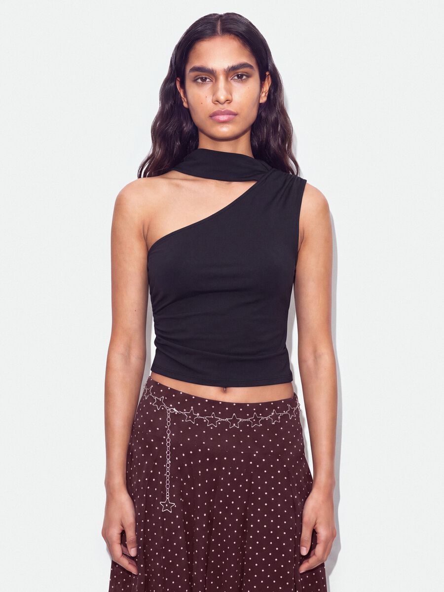 Black stretch top with asymmetric neckline and draped band_1