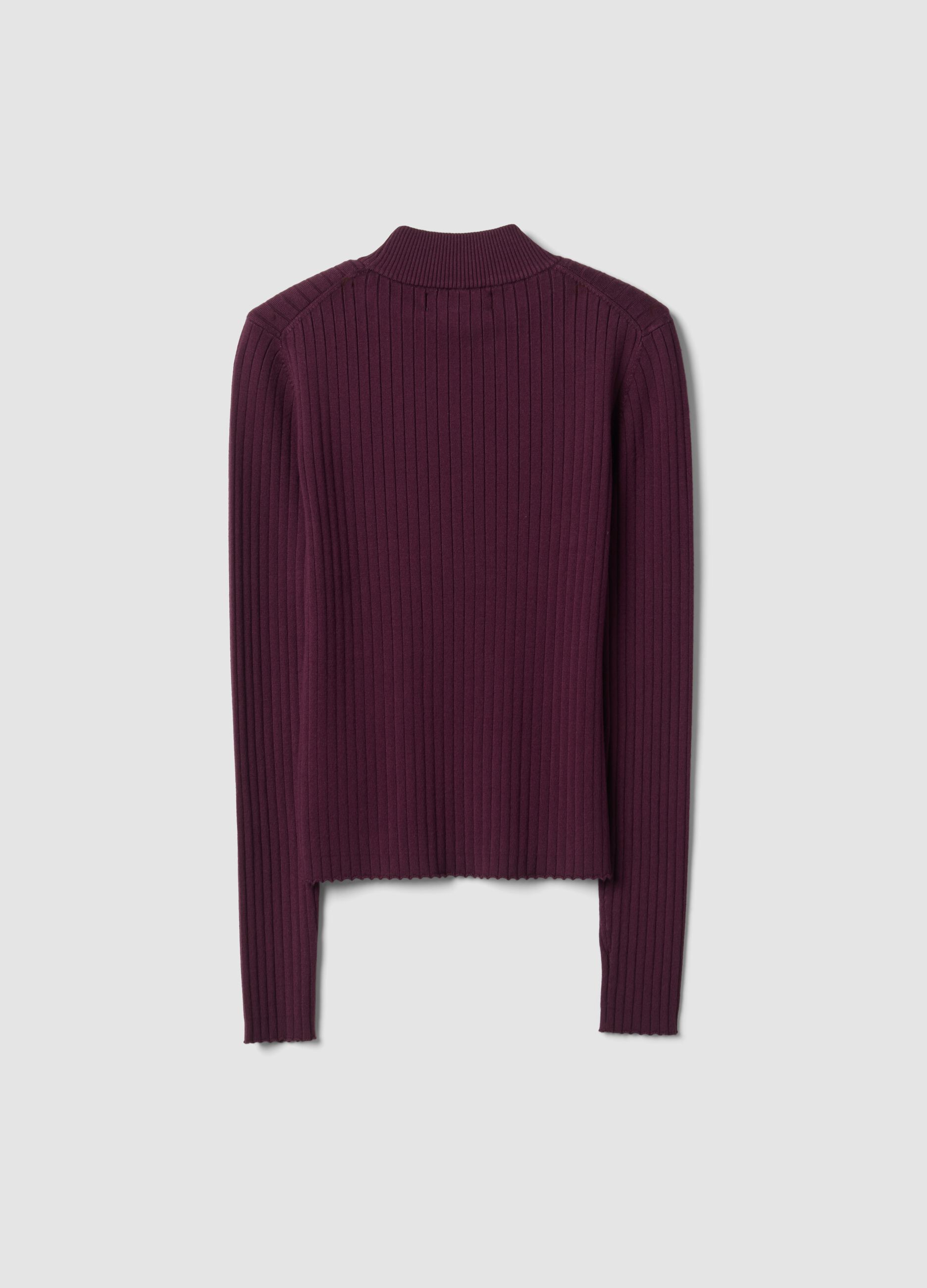 Purple ribbed viscose-blend top with high neck