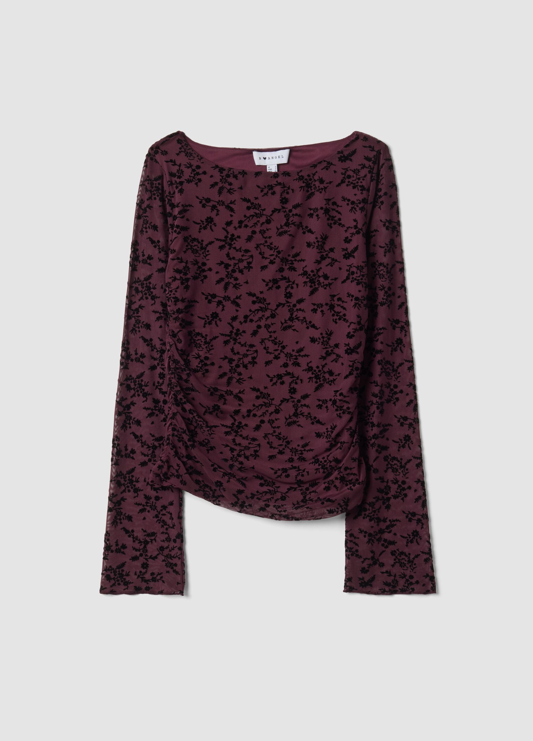 Violettes Stretch-T-Shirt mit beflocktem Blumenmotiv