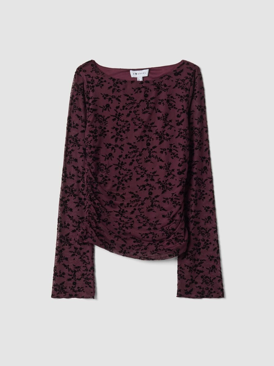 Purple stretch T-shirt with flocked floral motif_4