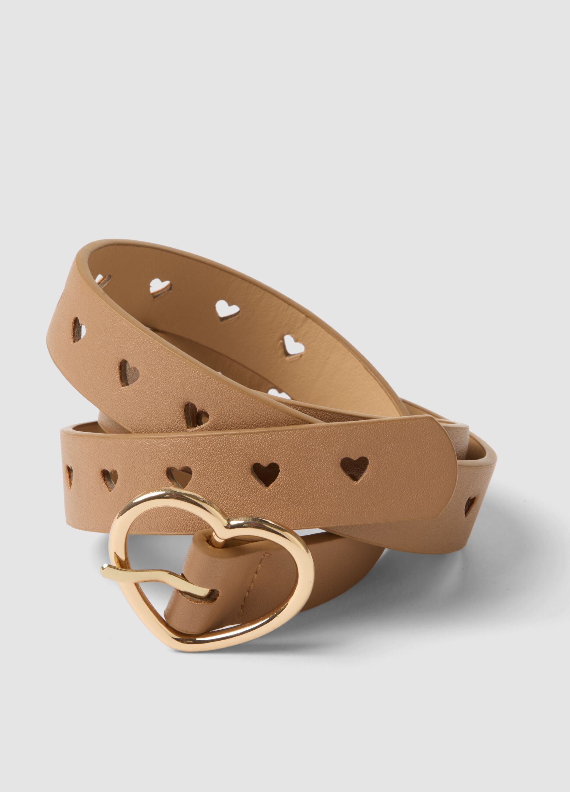 Brown belt with perforated heart buckle
