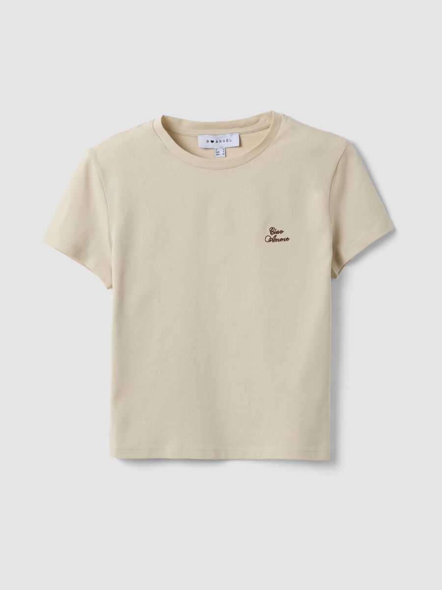 Beige pure cotton cropped T-shirt with crew neck and print_3