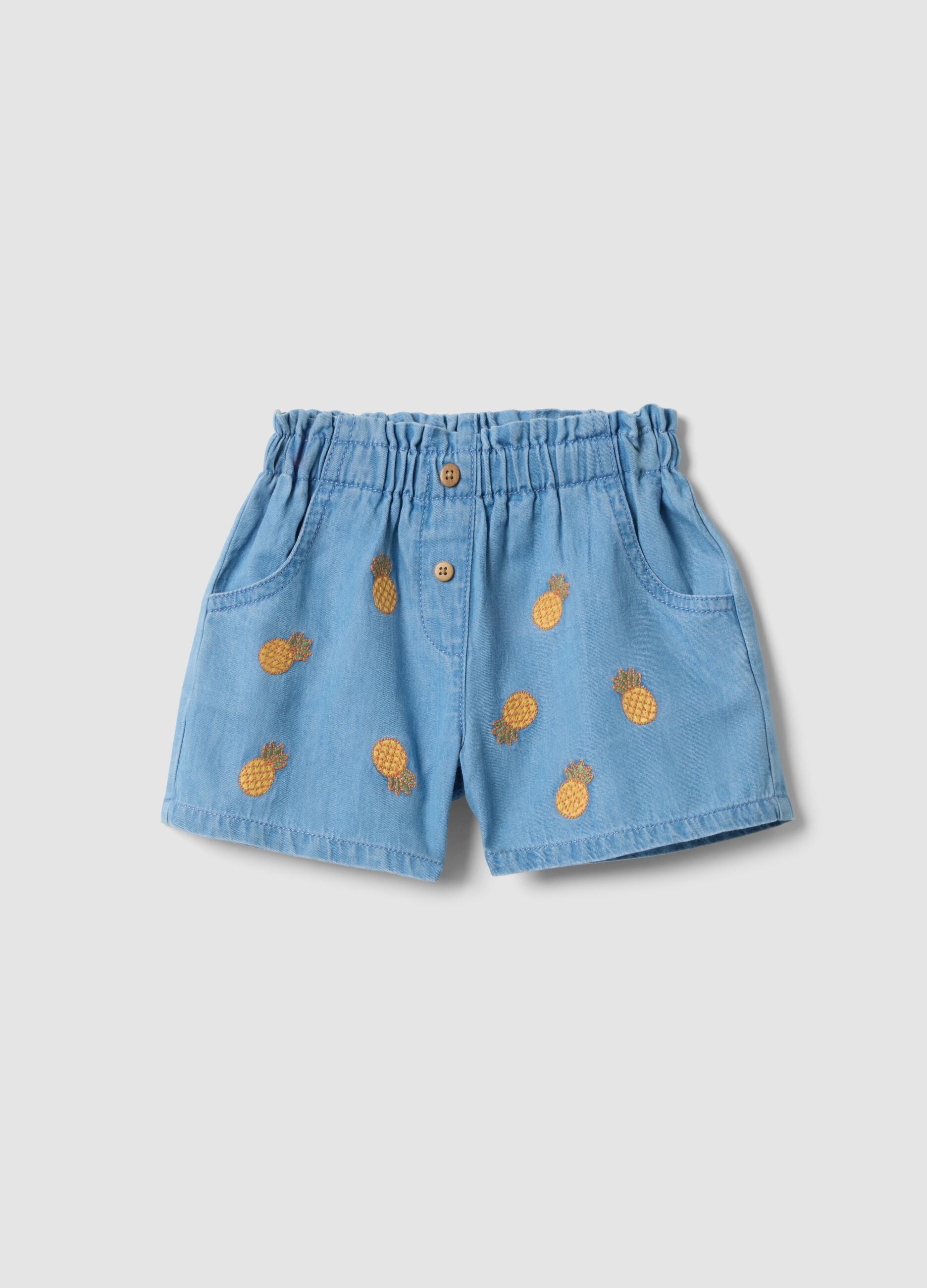 Sky-blue pure cotton shorts with embroidery