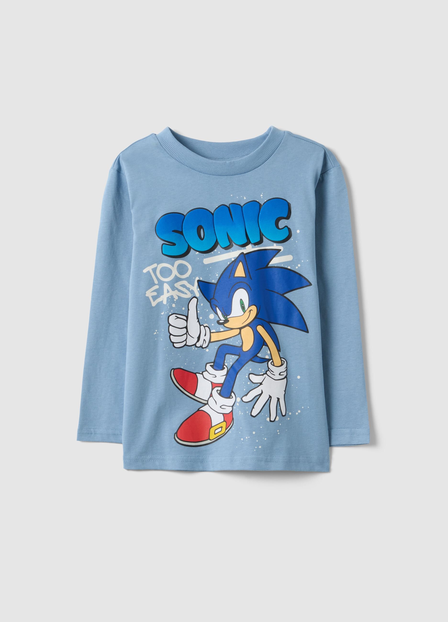 T-shirt infantil azul de algod&atilde;o puro com Sonic regular fit