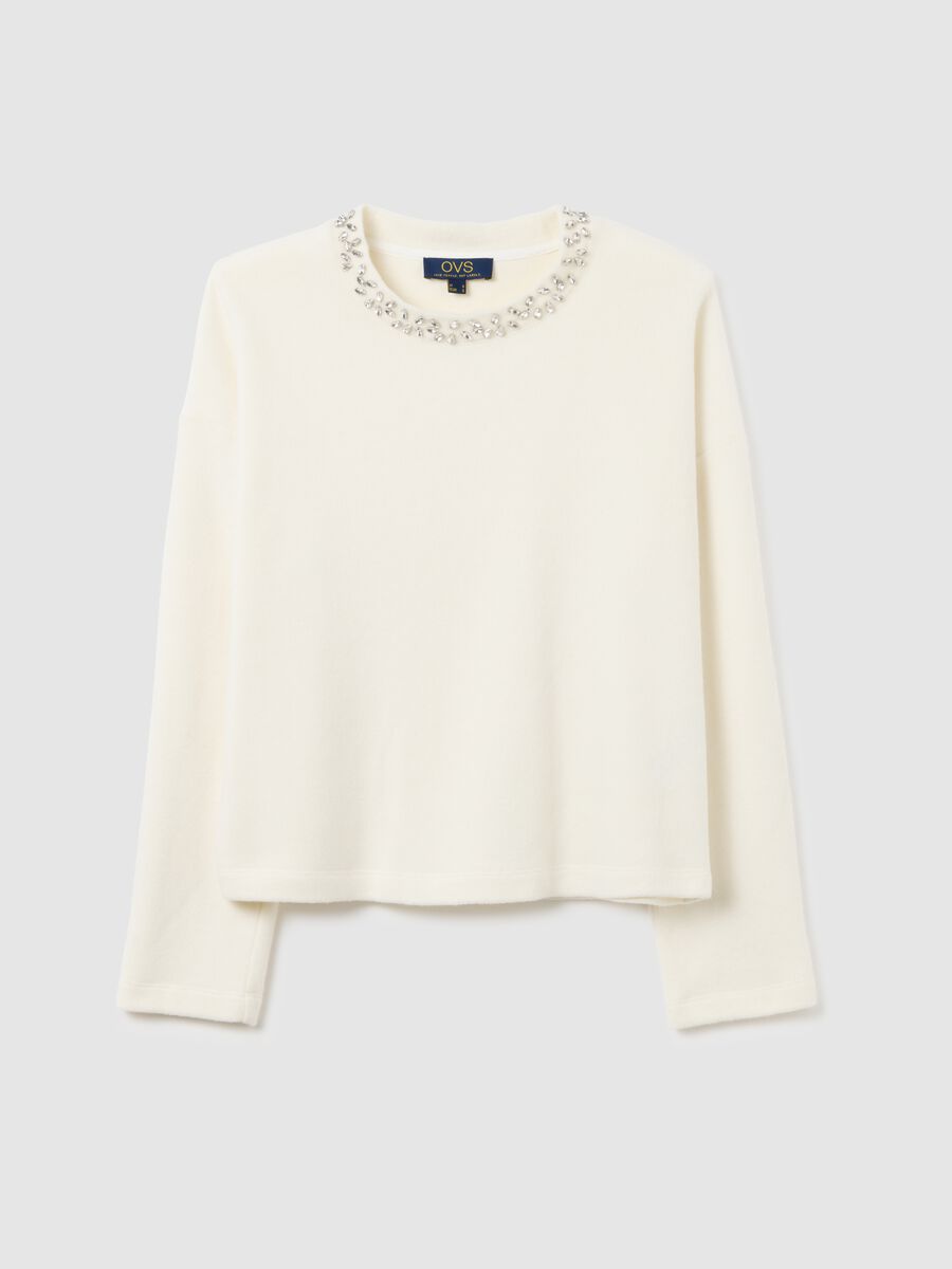 White cotton-blend regular fit sweater with decorated neckline_4