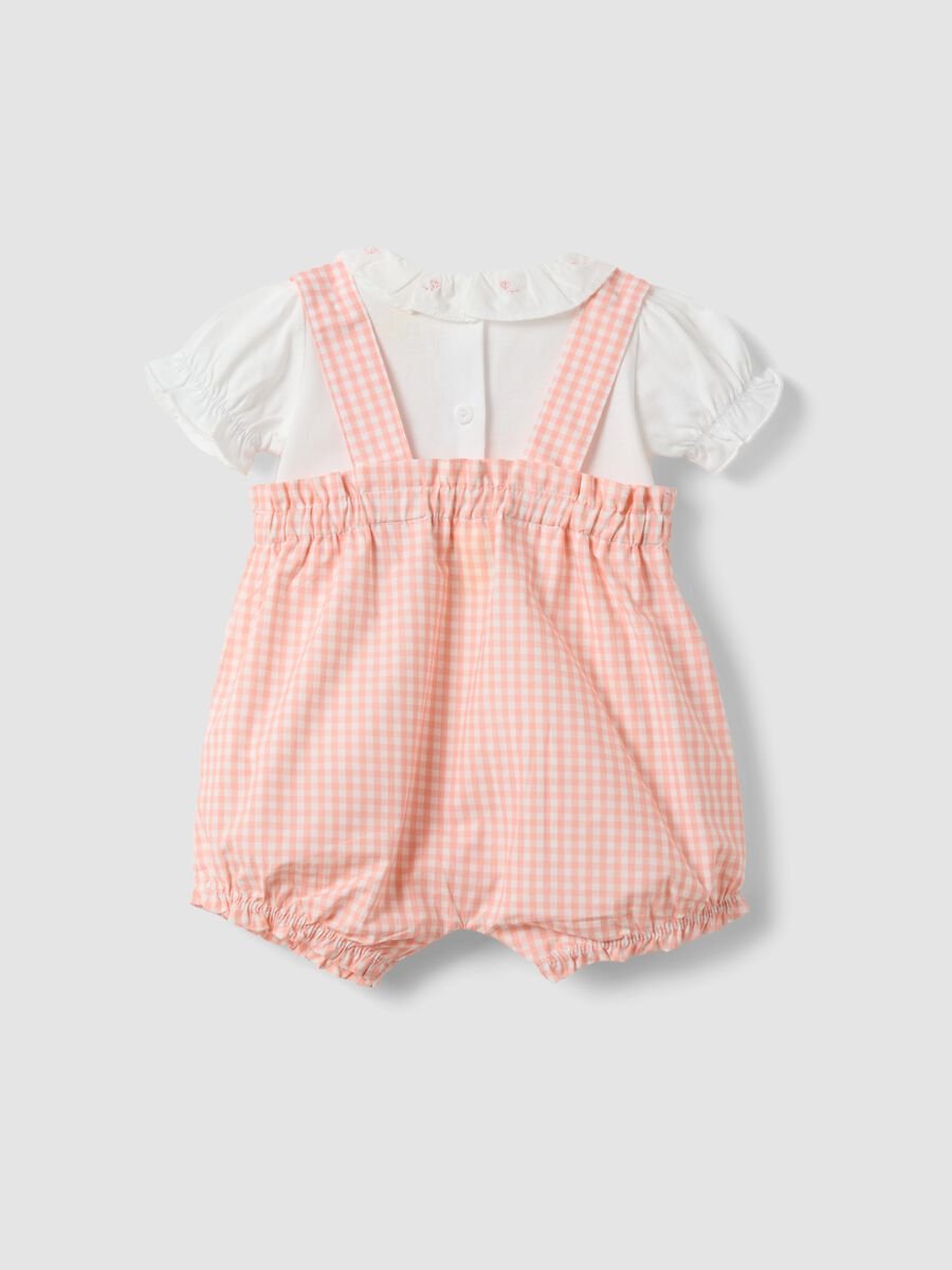 Pink and white organic cotton set with gingham romper_1