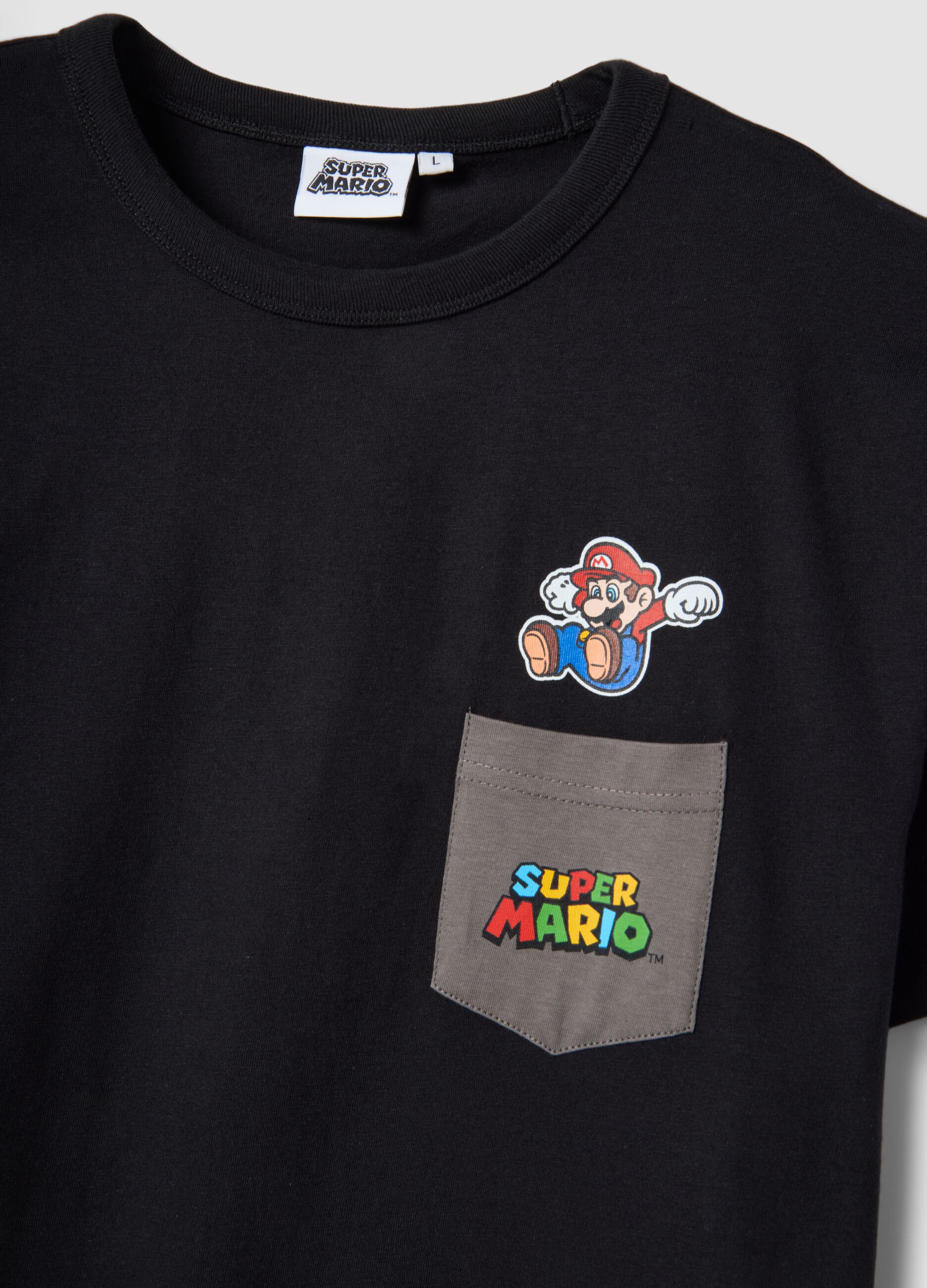 Black pure cotton regular fit T-shirt with Super Mario print
