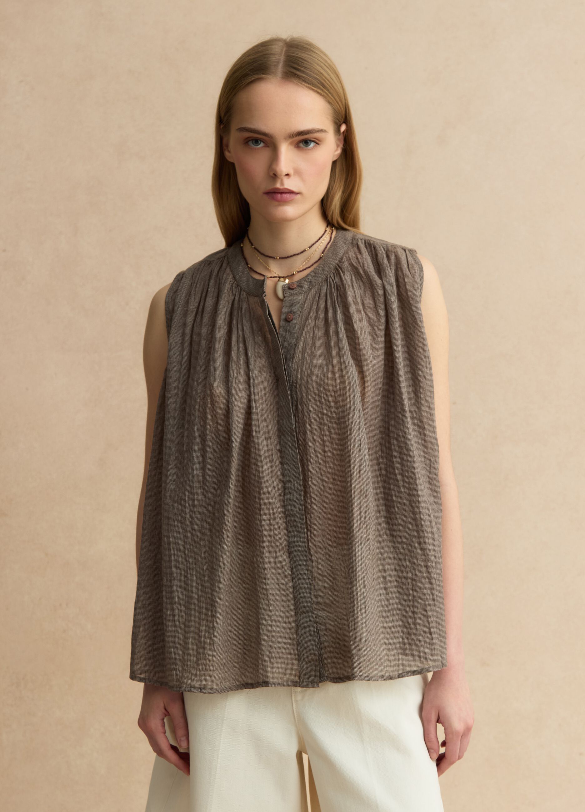 Blouse sans manches en coton pur marron coupe r&eacute;guli&egrave;re