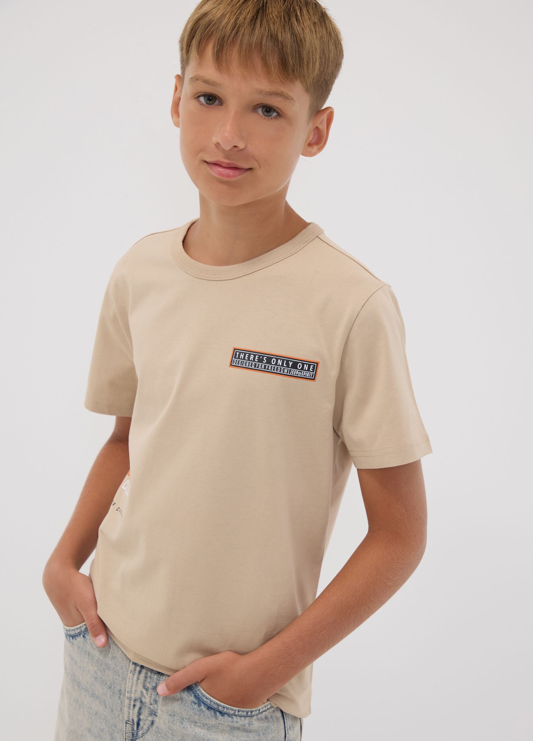 T-shirt beige 100 % coton avec imprim&eacute; devant et dos