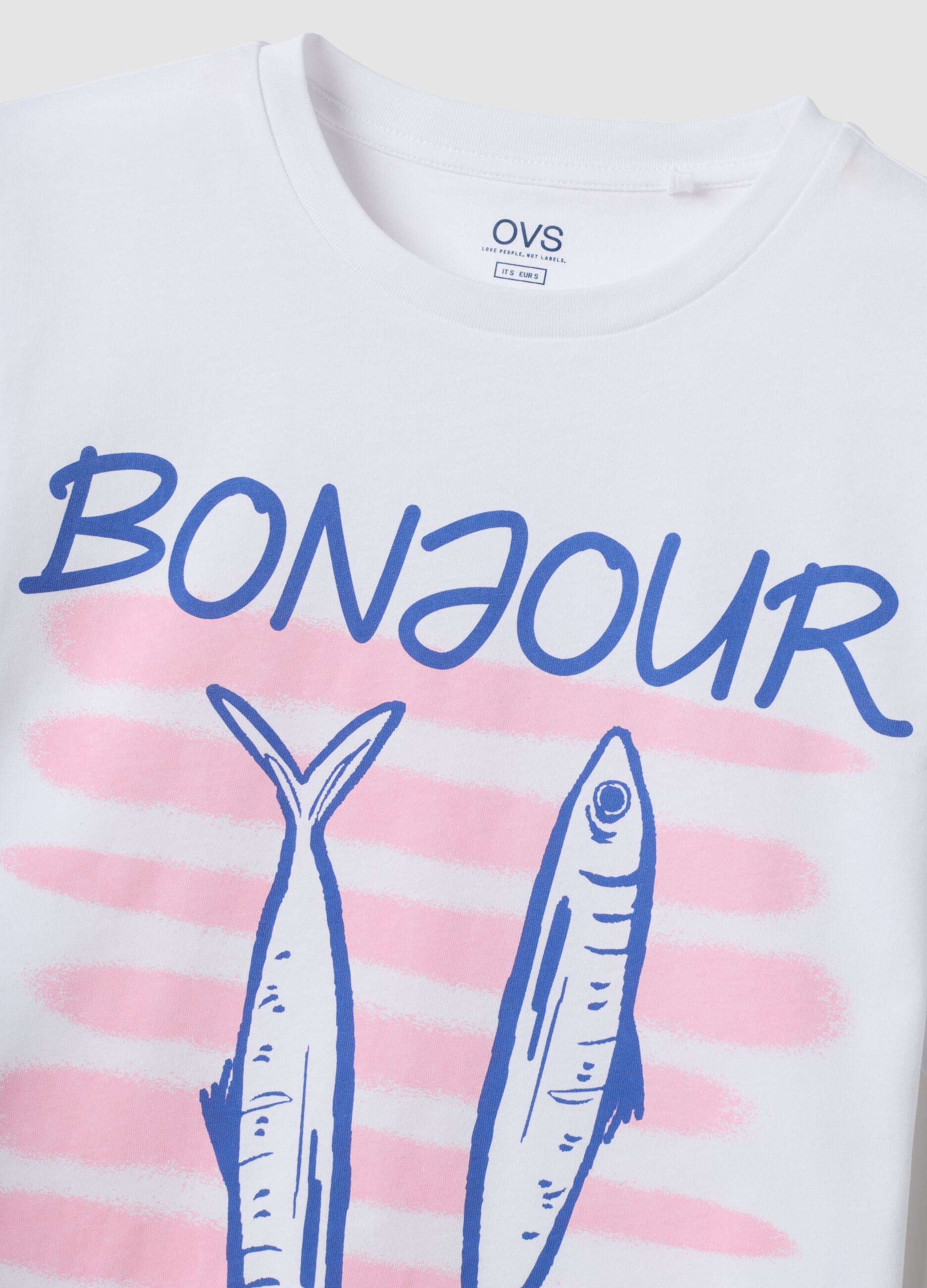 White pure cotton T-shirt with front print, regular fit