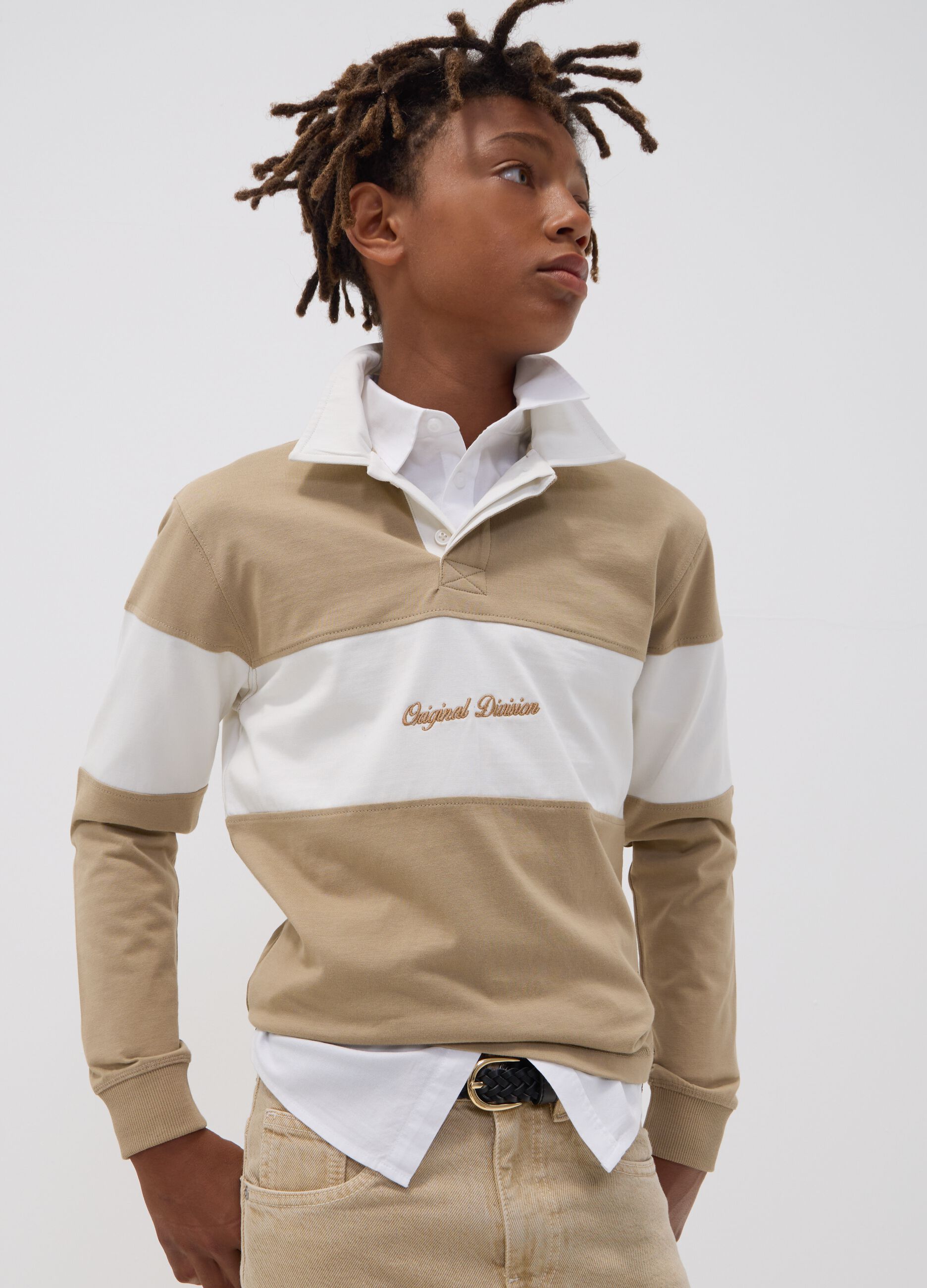 Beige pure cotton striped polo shirt with classic collar for boys