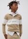 Beige pure cotton striped polo shirt with classic collar for boys_0