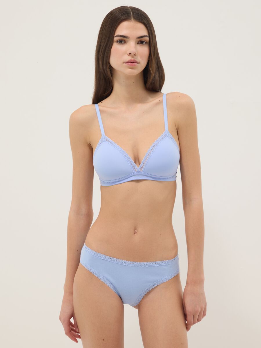 Regular fit blue stretch cotton briefs with lace details_0