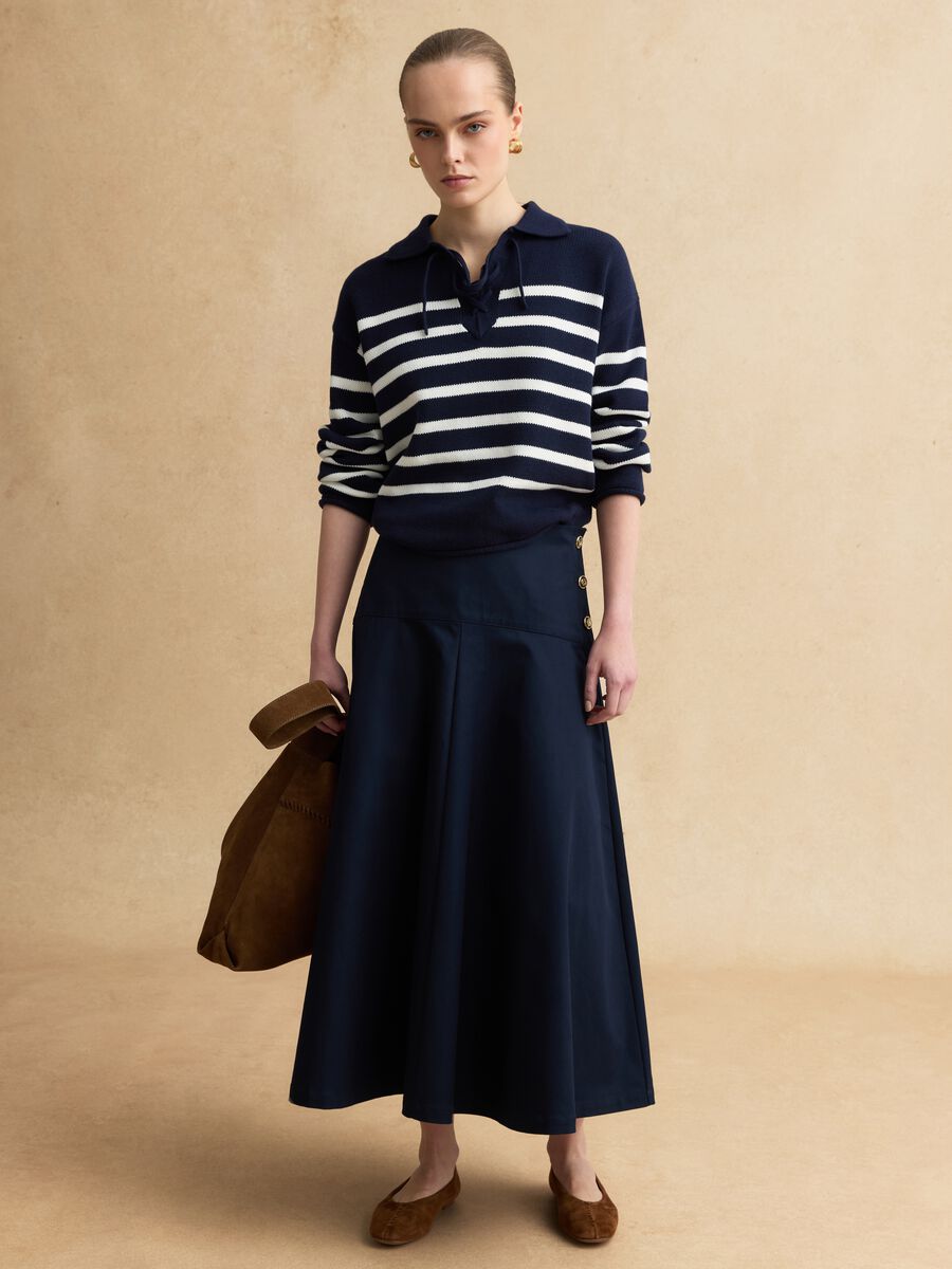 Long blue pure cotton skirt regular fit with decorative buttons_0