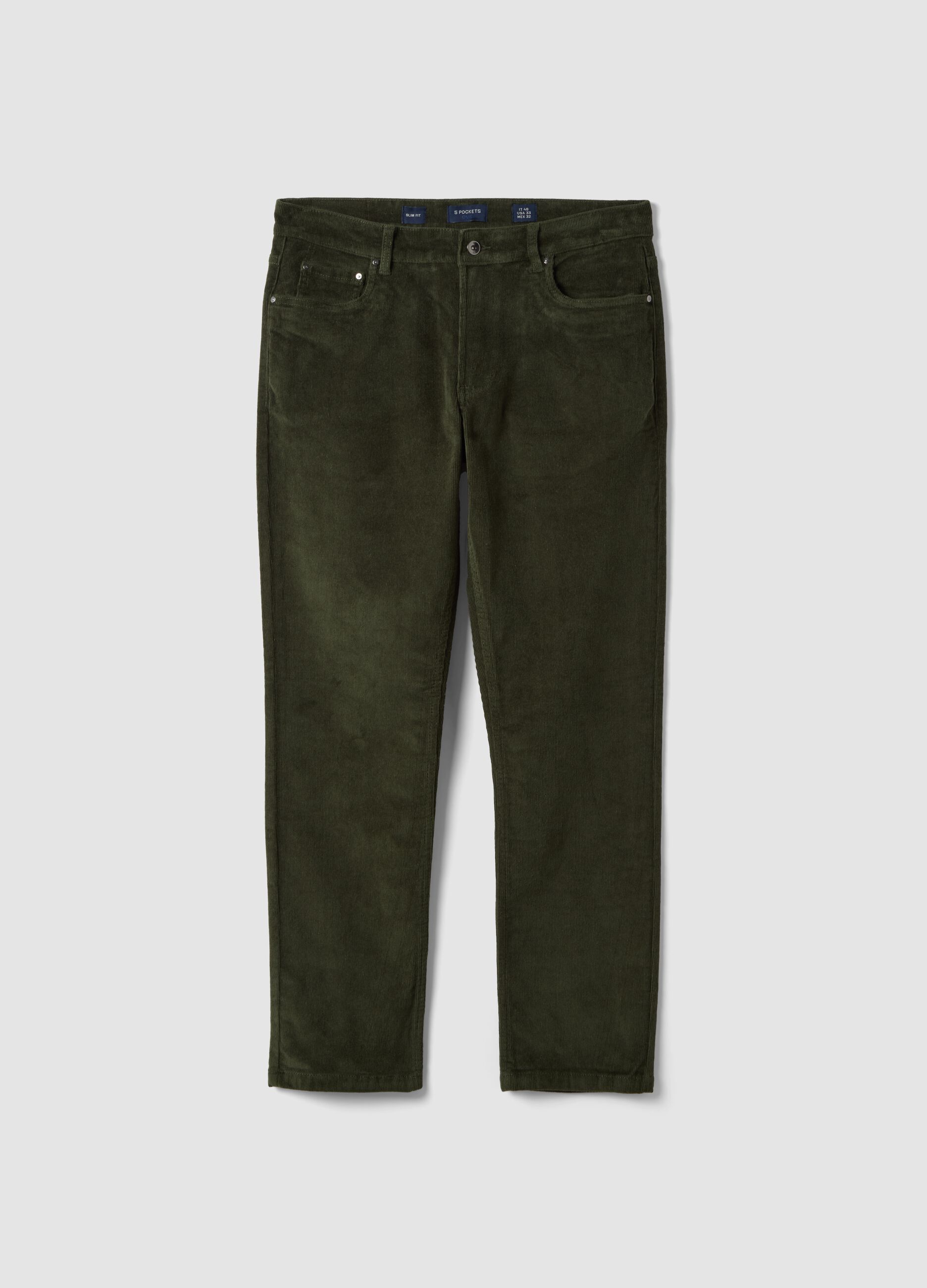 Pantaloni verdi in cotone elasticizzato a coste slim fit