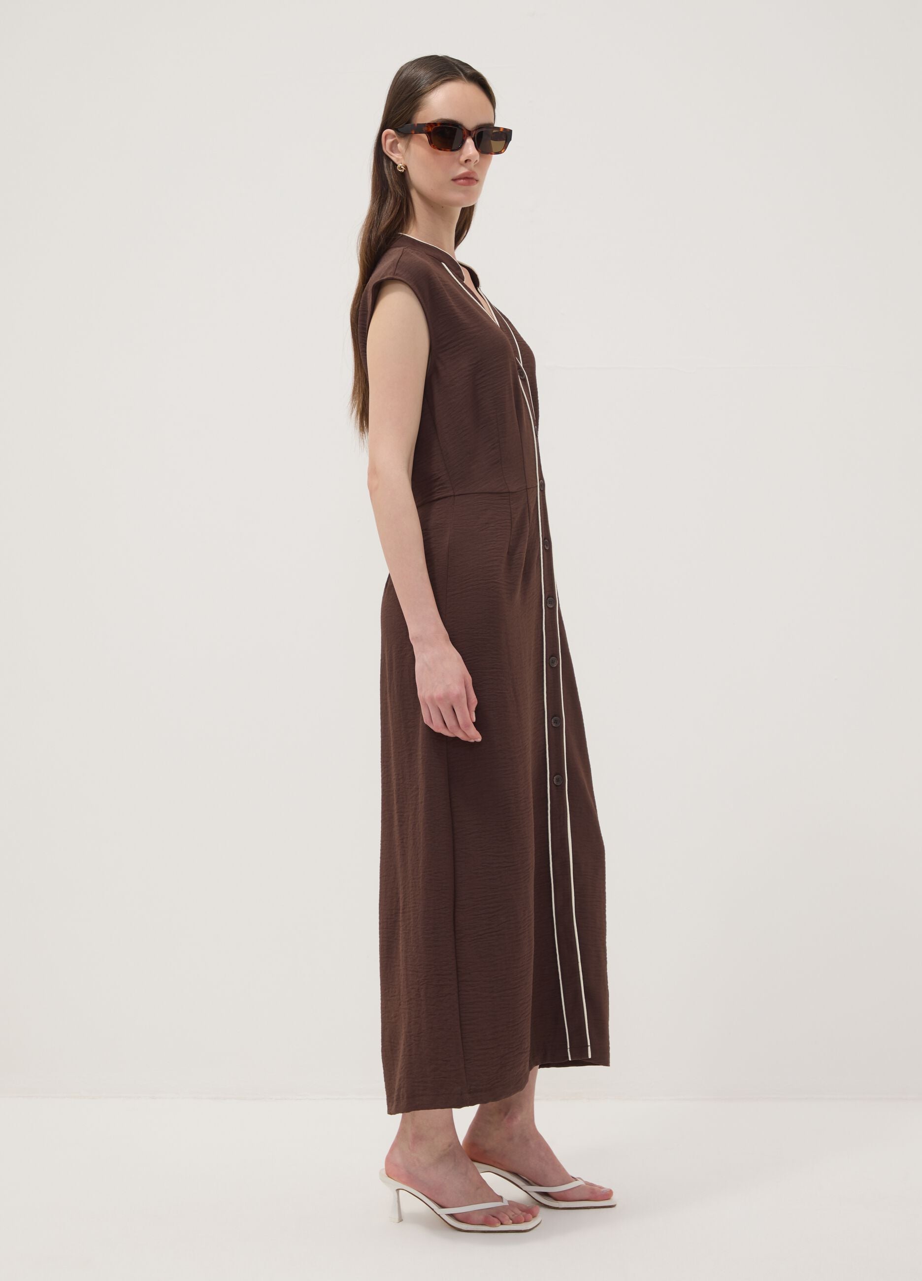 Long brown V-neck button-through dress, regular fit