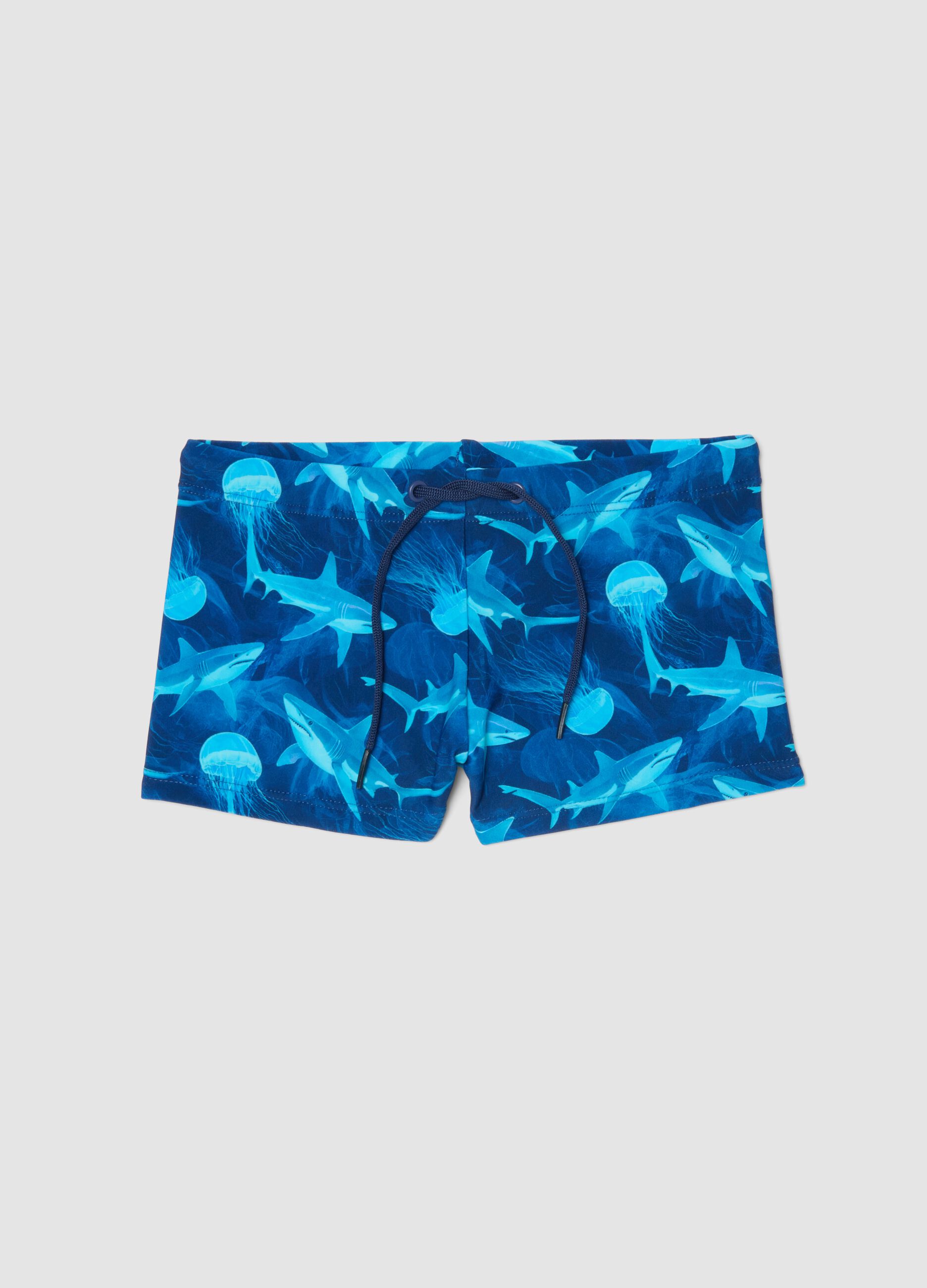 Blaue Stretch-Badeboxershorts mit Haiprint