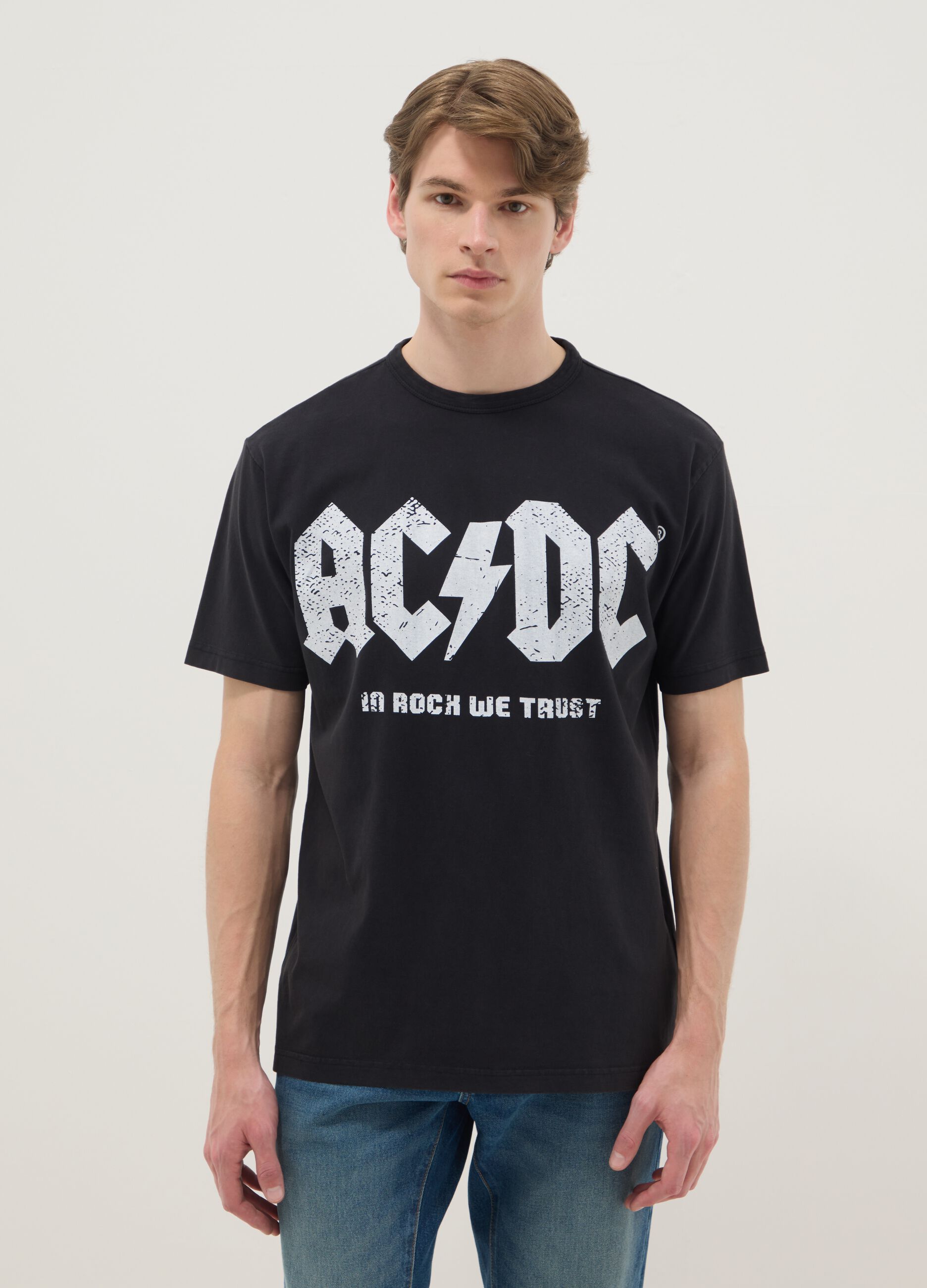 Black regular fit pure cotton T-shirt with AC/DC logo