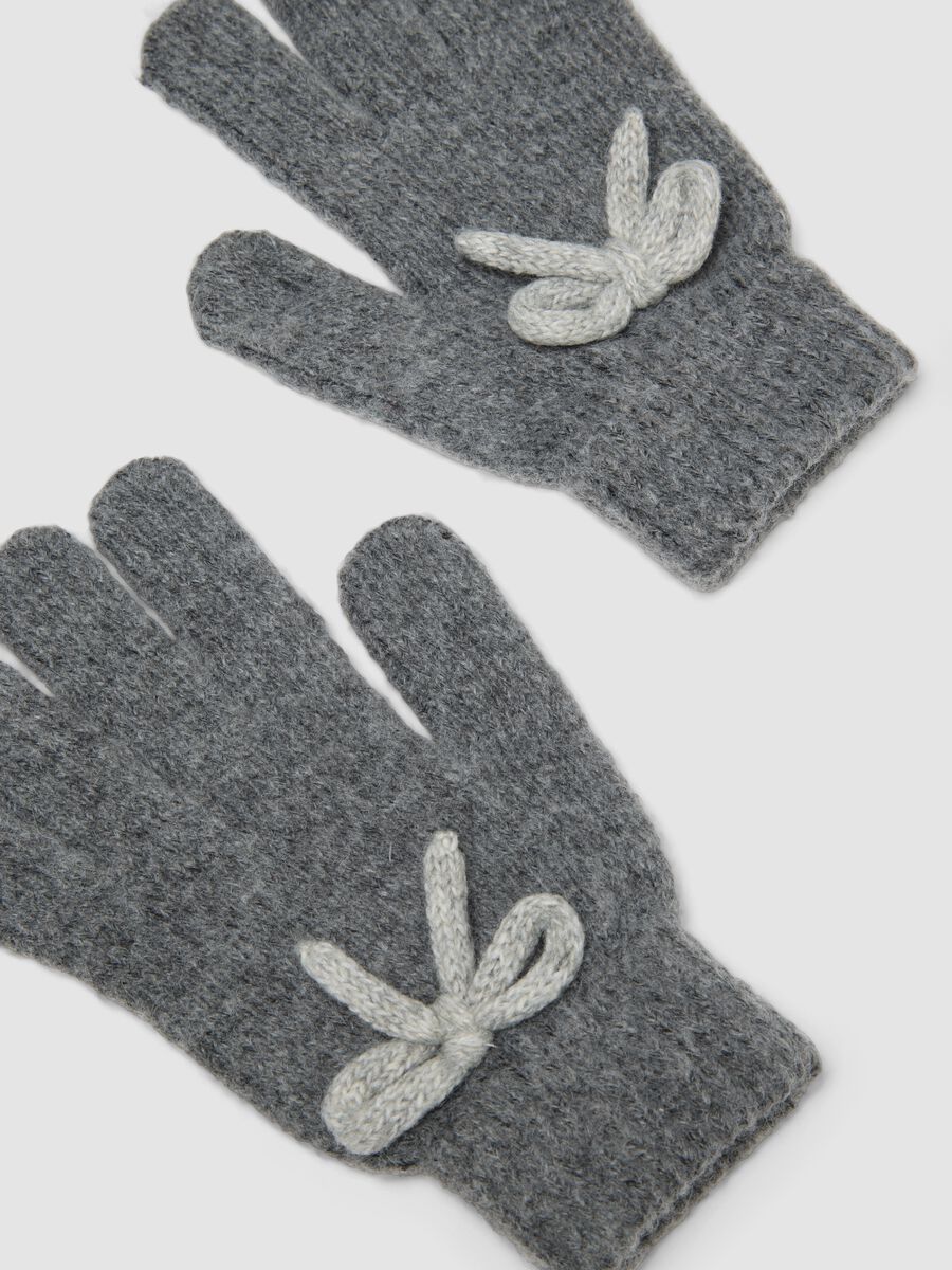 Grey wool-blend gloves with knitted bow detail_1
