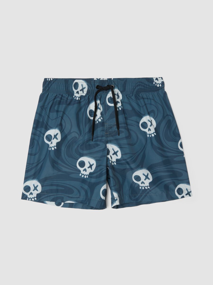 Short de bain bleu &agrave; imprim&eacute; t&ecirc;tes de mort_0