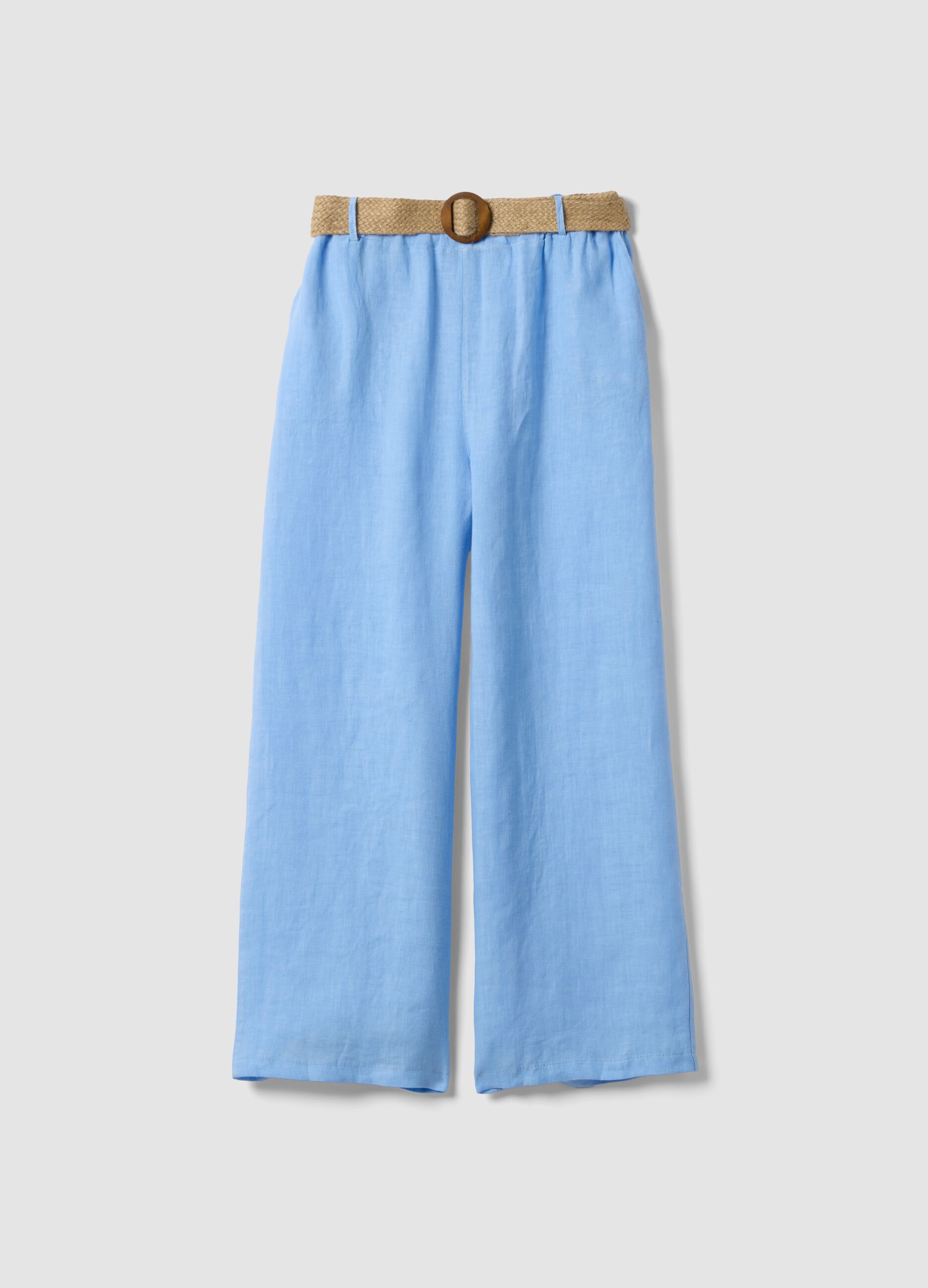 Pantalon bleu ciel 100 % lin, coupe large, taille &eacute;lastiqu&eacute;e