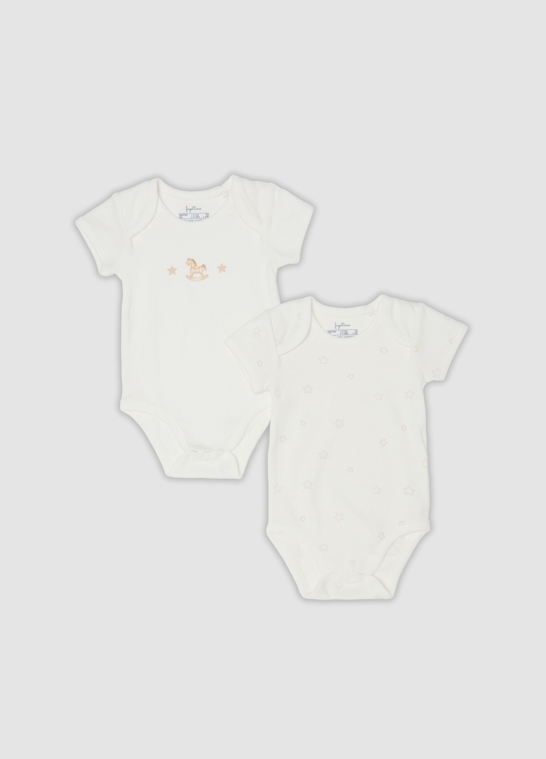 Two-pack of white organic cotton bodysuits with prints