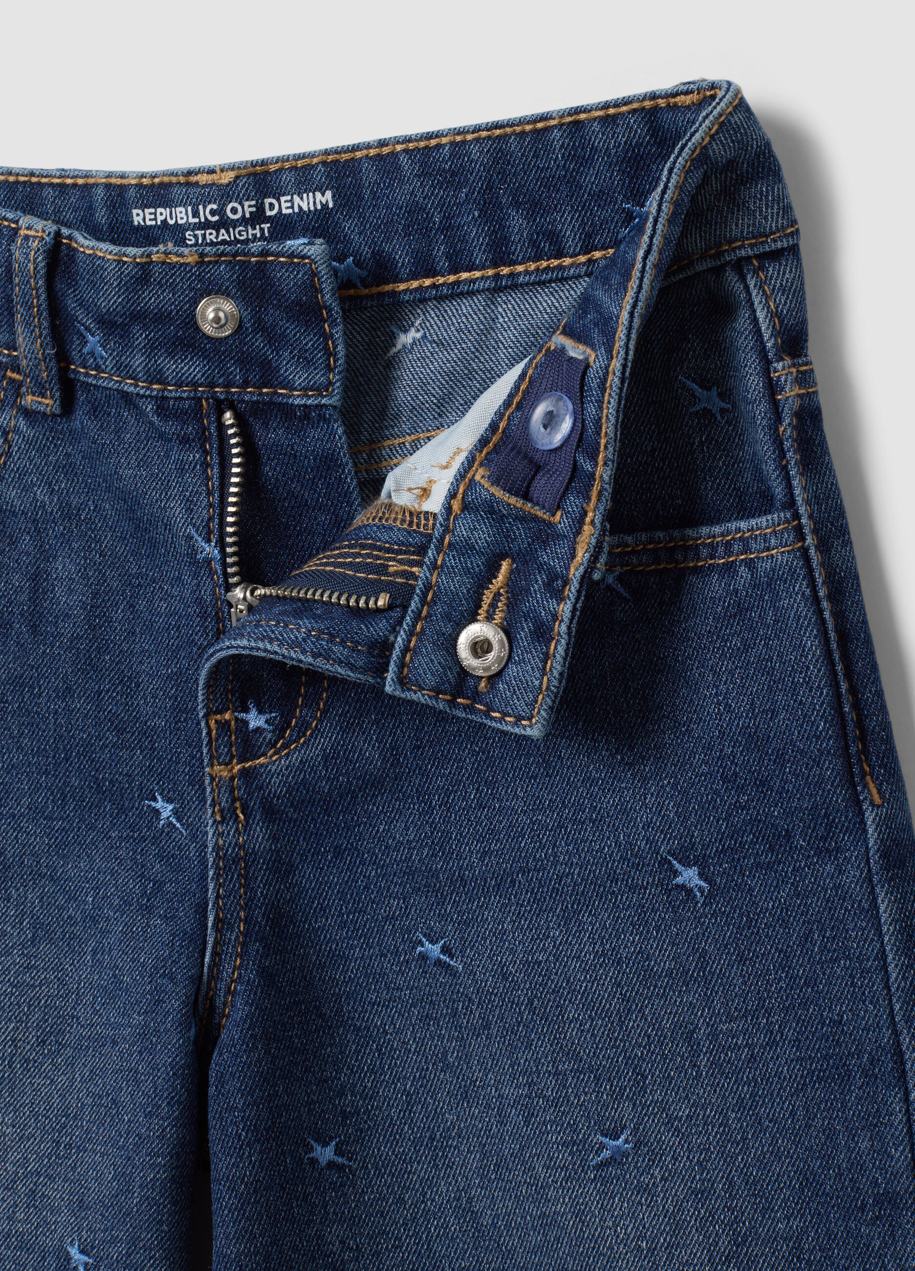 Blue cotton-blend jeans with viscose and lyocell, embroidered, for girls