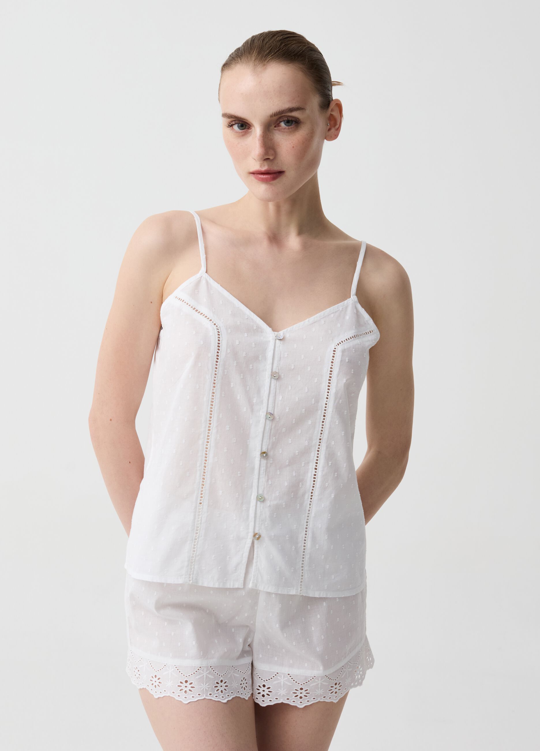 Cotton dobby pyjama shorts with broderie anglaise