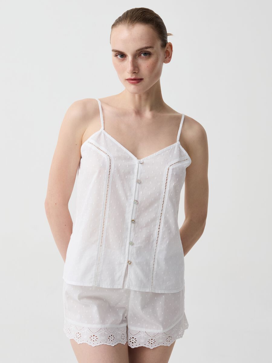 Shorts pigiama in cotone dobby con sangallo_0