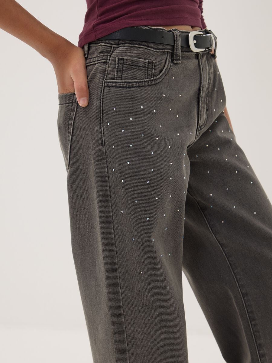 Grey wide-leg pure cotton jeans with rhinestones_2