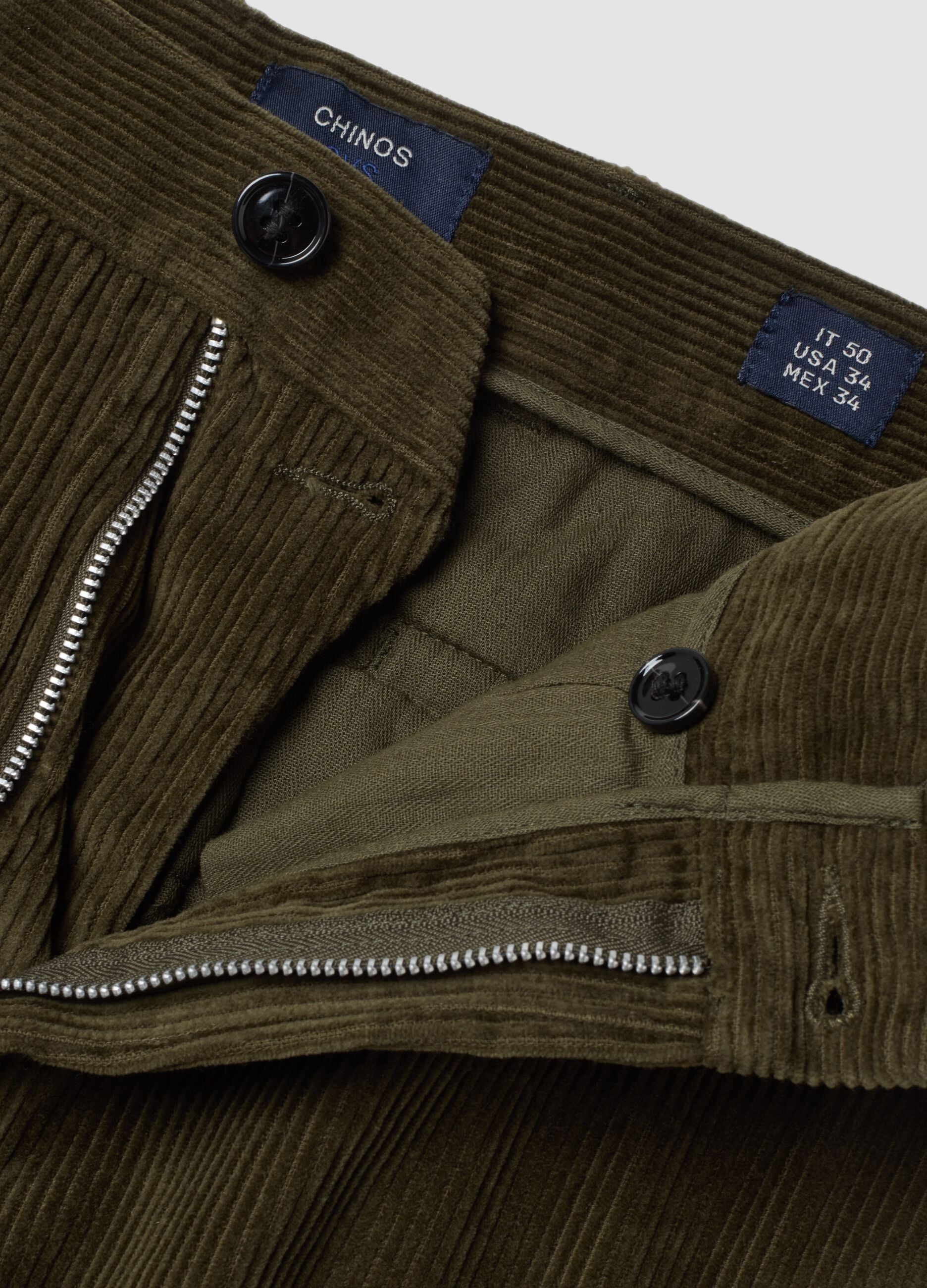 Pantaloni chino verdi in puro cotone a costine