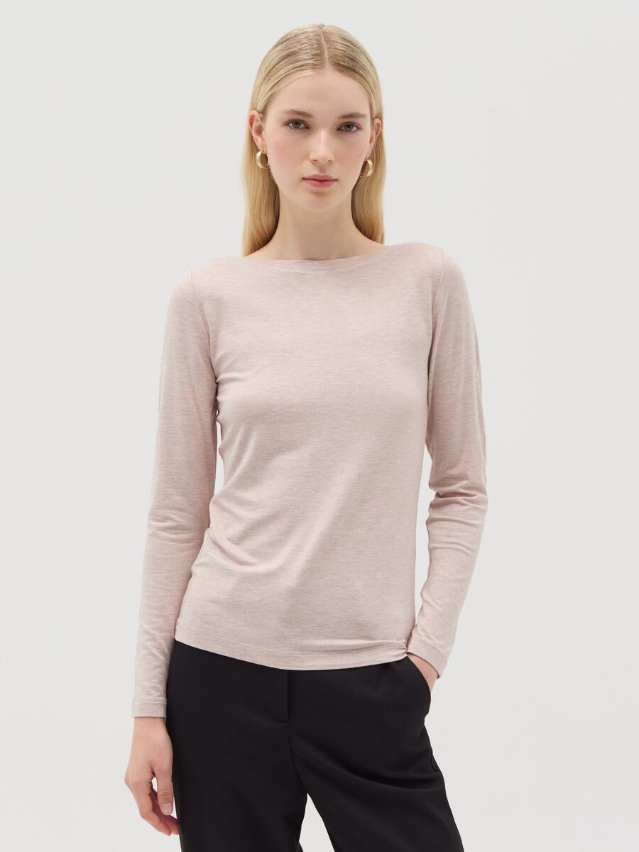 Stretch viscose T-shirt with boat neck_0
