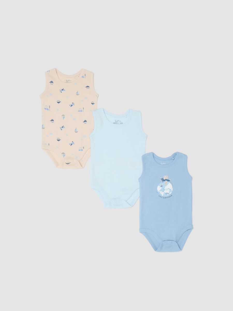 Three-pack sleeveless bodysuits in multicolour pure cotton for newborns_0