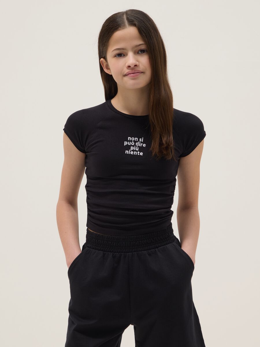 Girls' black stretch cotton slim fit t-shirt with slogan_0