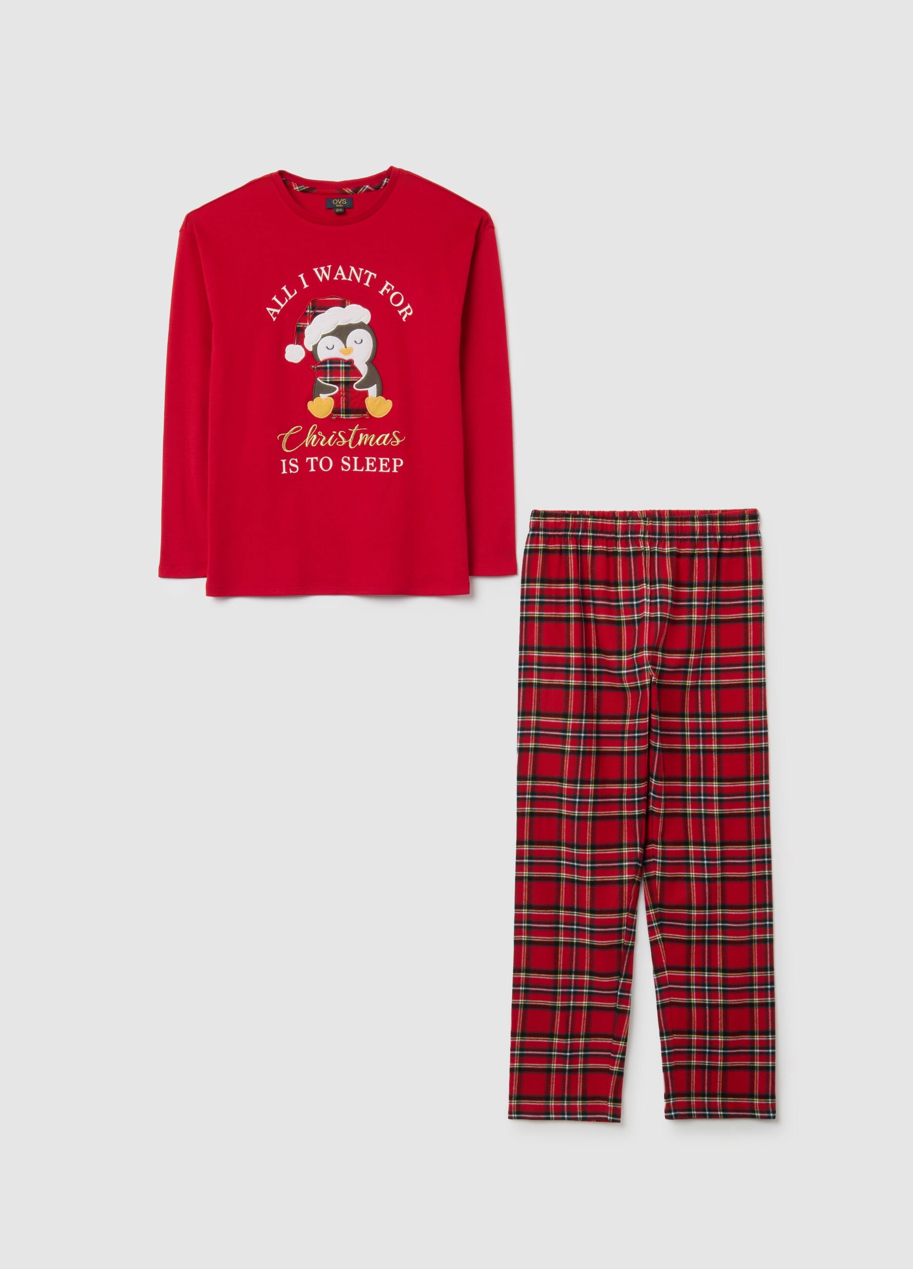 Girl's regular fit multicolour plaid pyjamas in pure cotton