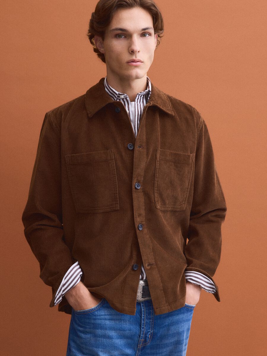 Brown ribbed pure cotton shacket with buttons_0