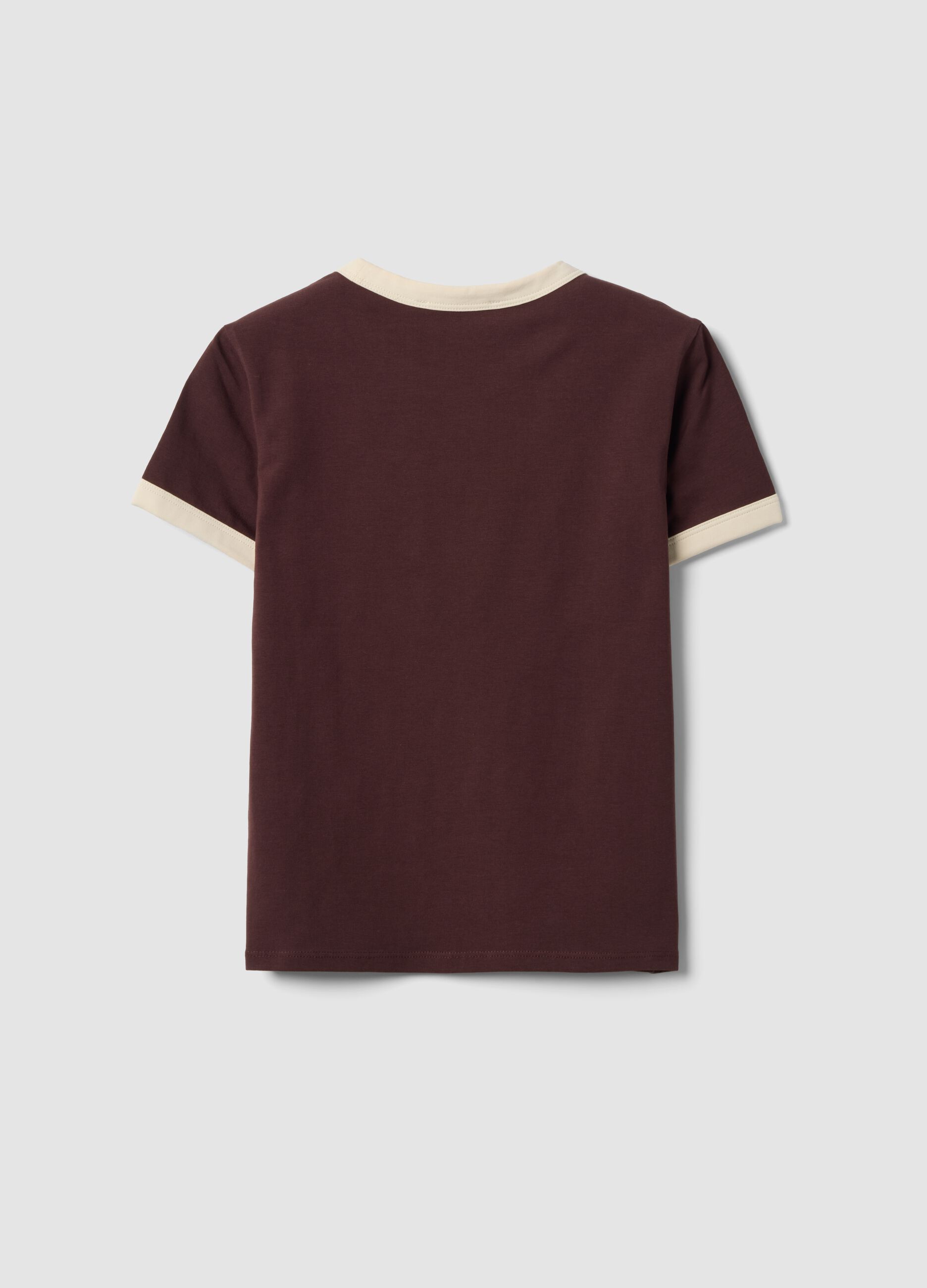 T-shirt marrone in cotone con stampa grafica frontale e bordi a contrasto