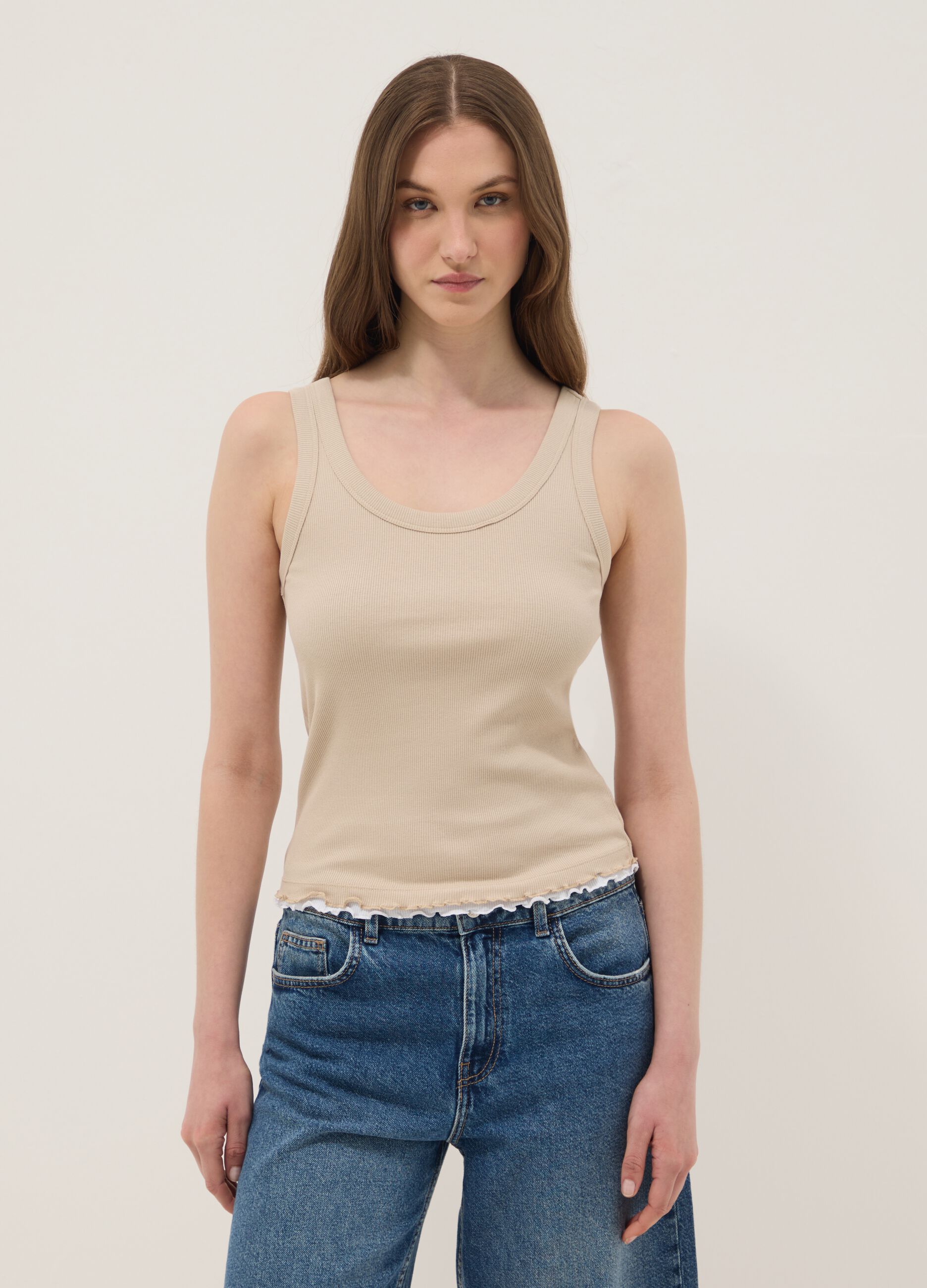 Beige pure cotton ribbed vest top, regular fit