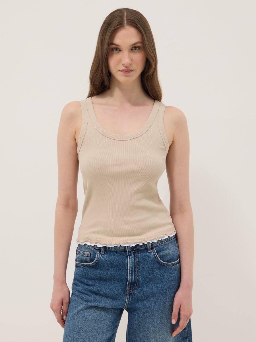 Beige pure cotton ribbed vest top, regular fit_1