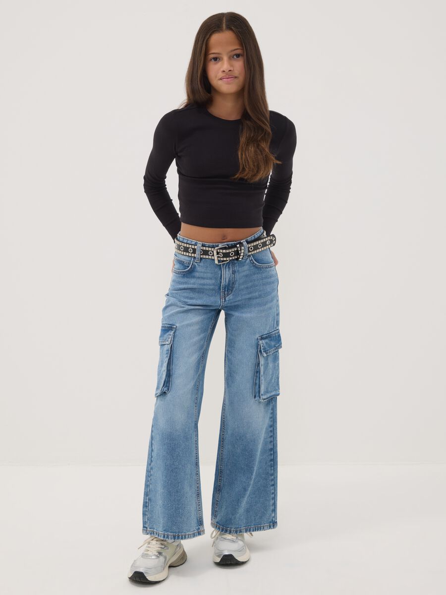 Light blue pure cotton denim cargo jeans, relaxed fit for girls_0