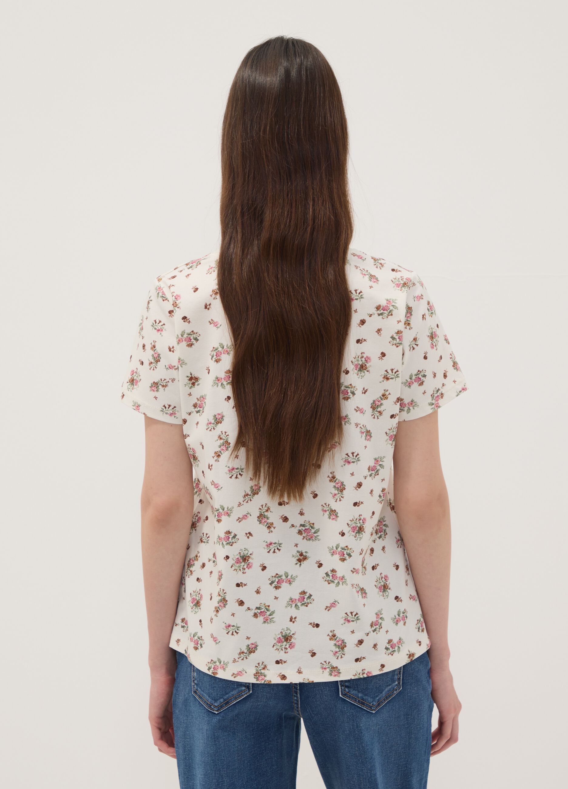 White floral stretch-cotton T-shirt, regular fit