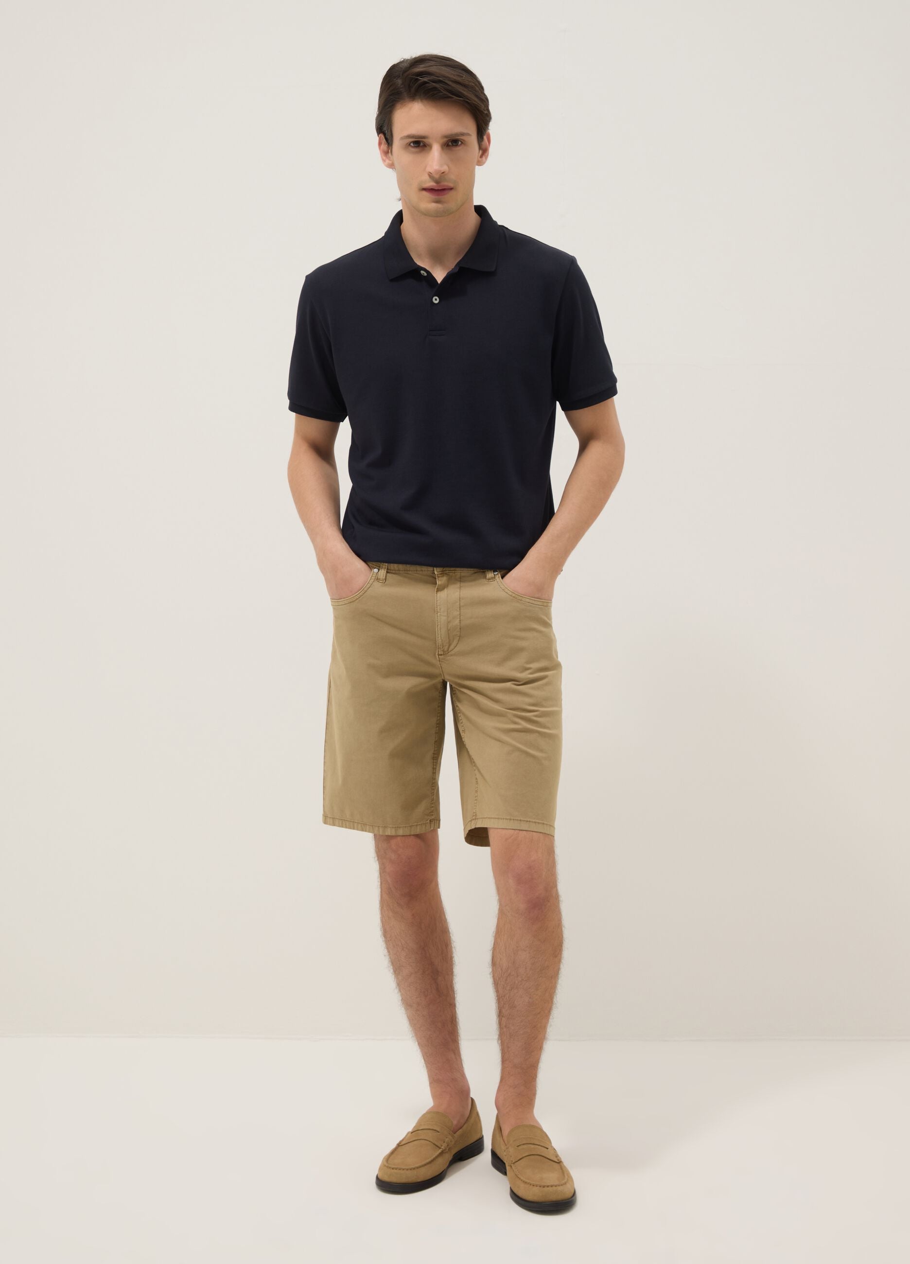 Beige regular-fit stretch cotton Bermuda shorts